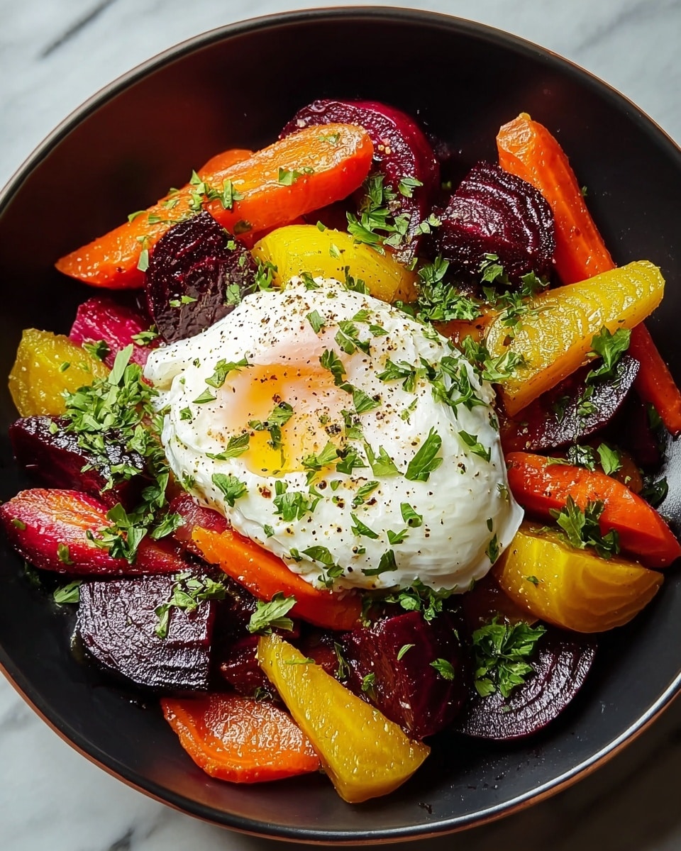 A dish in a dark bowl, filled with a colorful mix of roasted vegetables including orange carrots, deep purple beet slices, and bright yellow beet pieces, all sprinkled with fresh green chopped herbs. In the center sits a white poached egg with a soft texture, its yolk slightly broken showing a vibrant yellow color and also topped with herbs and black pepper. The vegetables have a roasted, slightly shiny texture that contrasts with the smooth creaminess of the egg. The bowl is set on a white marbled surface. photo taken with an iphone --ar 4:5 --v 7