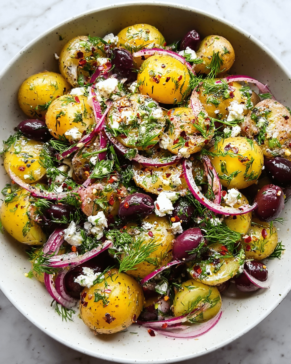 The dish is a colorful salad in a white bowl filled with several layers. The base layer is small round golden yellow and light brown potatoes, some whole and some cut in halves, with a smooth, slightly shiny texture. Scattered over the potatoes are dark purple olives and thin slices of red onion rings that add a translucent and curved layer of bright pink and purple. On top of these, there is white crumbled feta cheese with a soft texture, and fresh green dill leaves with a feathery look spread evenly. The whole salad is sprinkled with black pepper, crushed red chili flakes, and hints of olive oil giving it a glossy finish. The bowl sits on a white marbled textured surface. photo taken with an iphone --ar 4:5 --v 7