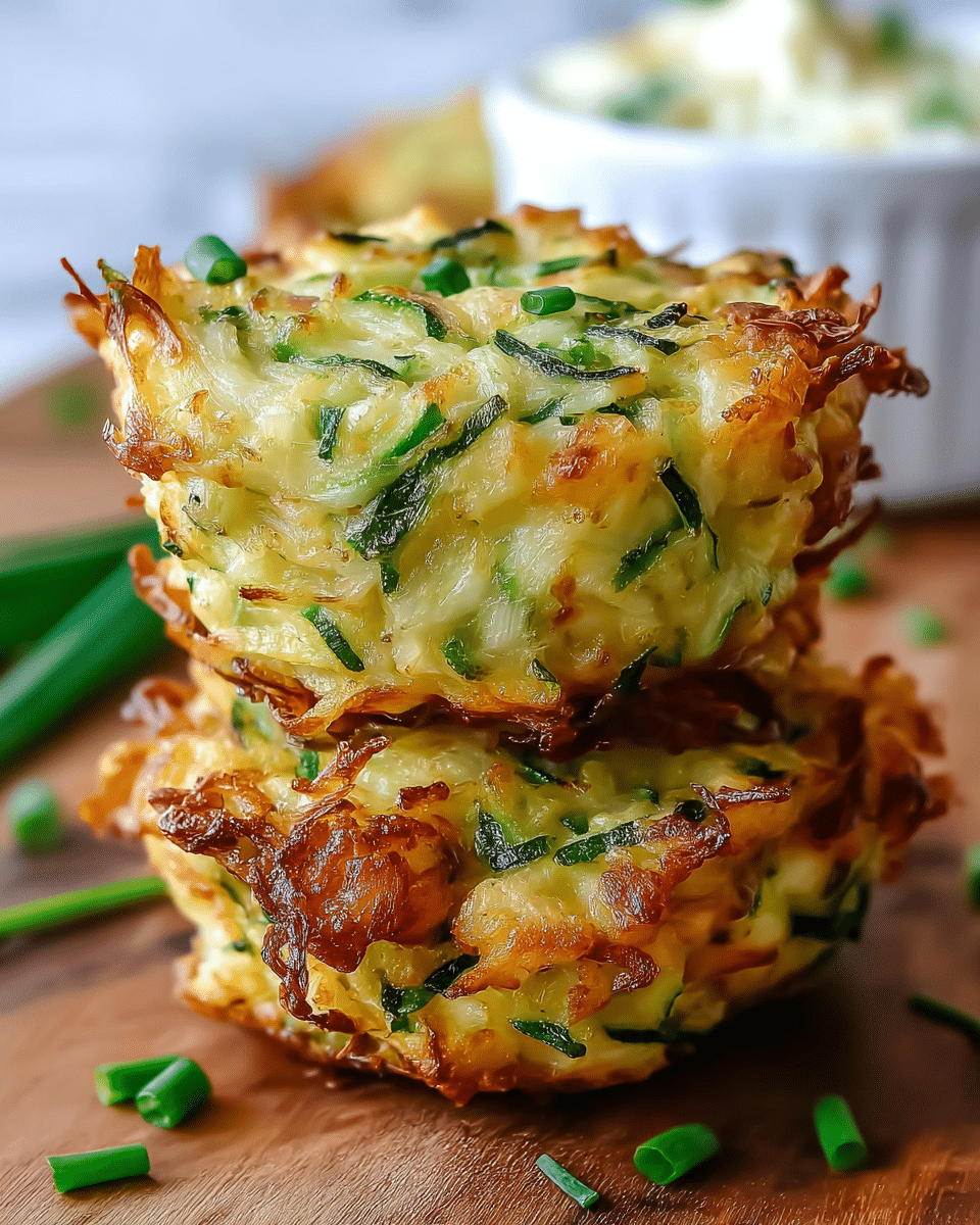 Two golden brown baked zucchini and cheese muffins are stacked on top of each other, showing a crispy, slightly browned outer layer with green zucchini strands and bits of melted cheese throughout. The muffins have a rough, textured surface with some parts looking soft and moist, and they sit on a white marbled surface with small green herb pieces scattered around. In the blurred background, there is a white dish with a creamy white dipping sauce. photo taken with an iphone --ar 4:5 --v 7