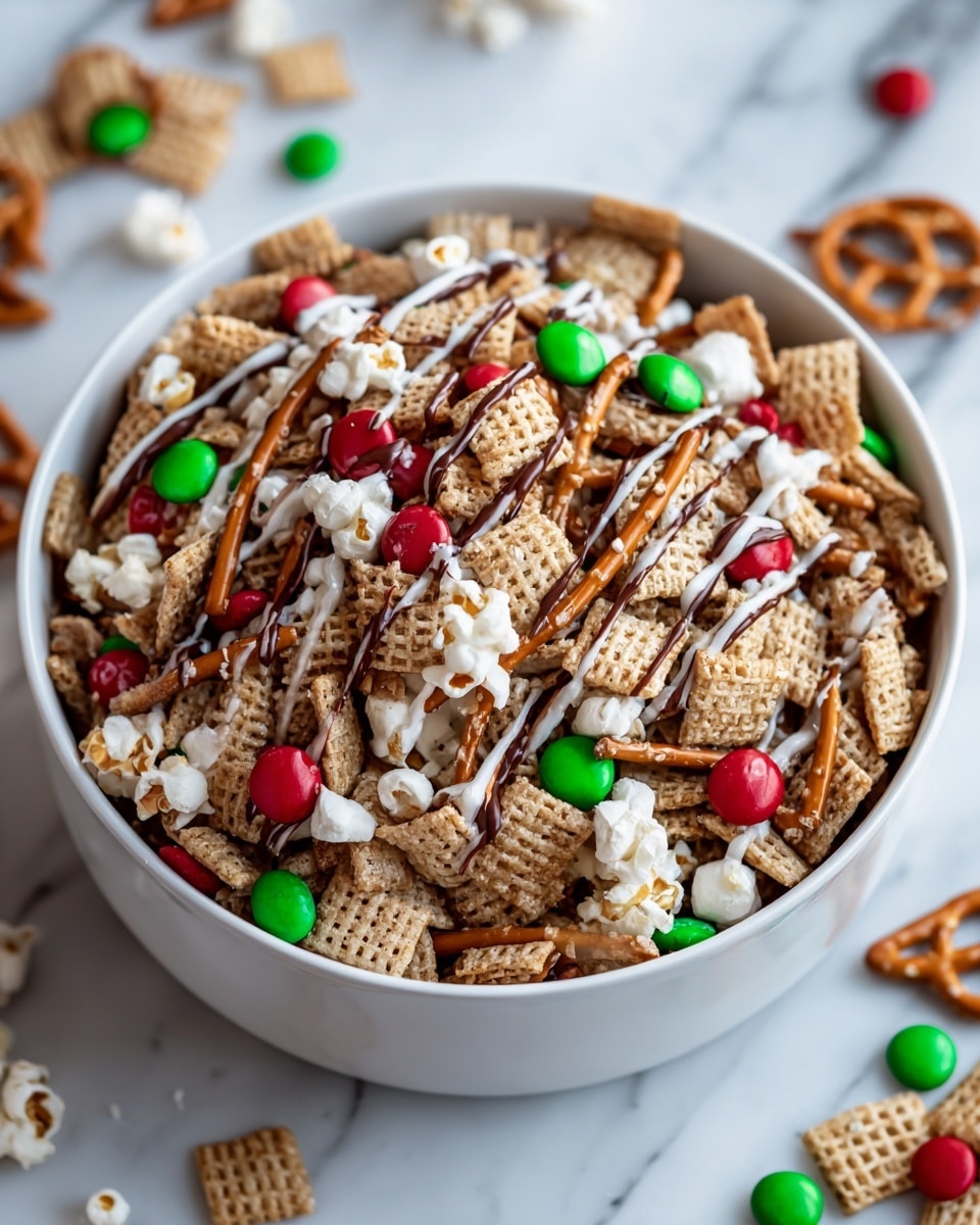 A white bowl filled with a layered snack mix that includes light brown square cereal pieces with a textured, grid-like surface as the base layer. Scattered among the cereal are bright red and green round candy pieces that add pops of color. Small white popcorn pieces are mixed in, creating an airy texture contrast. Thin pretzel sticks with a golden brown color are spread through the mix. The entire snack is topped with thin drizzles of white and milk chocolate, creating smooth lines over the crunchy mix. The bowl is set on a white marbled surface with some scattered cereal pieces around it. photo taken with an iphone --ar 4:5 --v 7