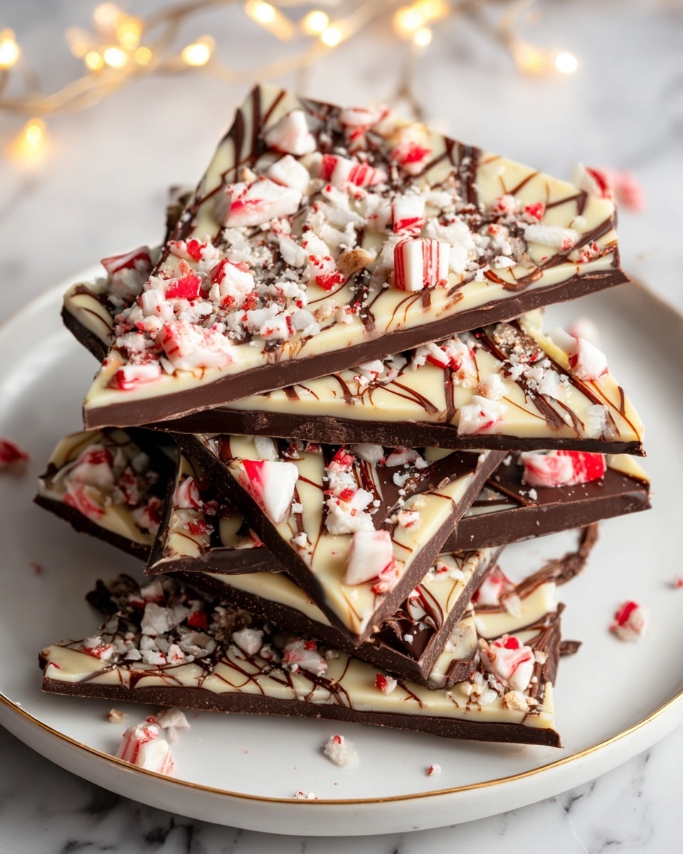 The image shows a stack of six triangular chocolate bark pieces on a white plate with a gold rim. Each piece has a dark brown chocolate base, topped with diagonal lines of creamy white chocolate drizzle. Scattered across the surface are small red and white peppermint candy bits along with crushed white pieces, creating a festive look. The plate is placed on a white marbled surface with soft warm lights and some green pine needles visible at the top left corner. Photo taken with an iphone --ar 4:5 --v 7