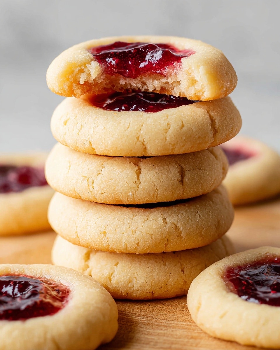 A close-up image of a neat stack of four round thumbprint cookies resting on a light wooden surface with a white marbled texture background. Each cookie has a pale golden color and a smooth, soft texture. The top cookie shows a bite taken from its edge, revealing its crumbly, moist inside. All cookies have a glossy, deep red jam filling in their indented centers, shining with a slightly sticky texture. Around the stack, several similar cookies are laid flat, highlighting their circular form and jam layers. photo taken with an iphone --ar 4:5 --v 7