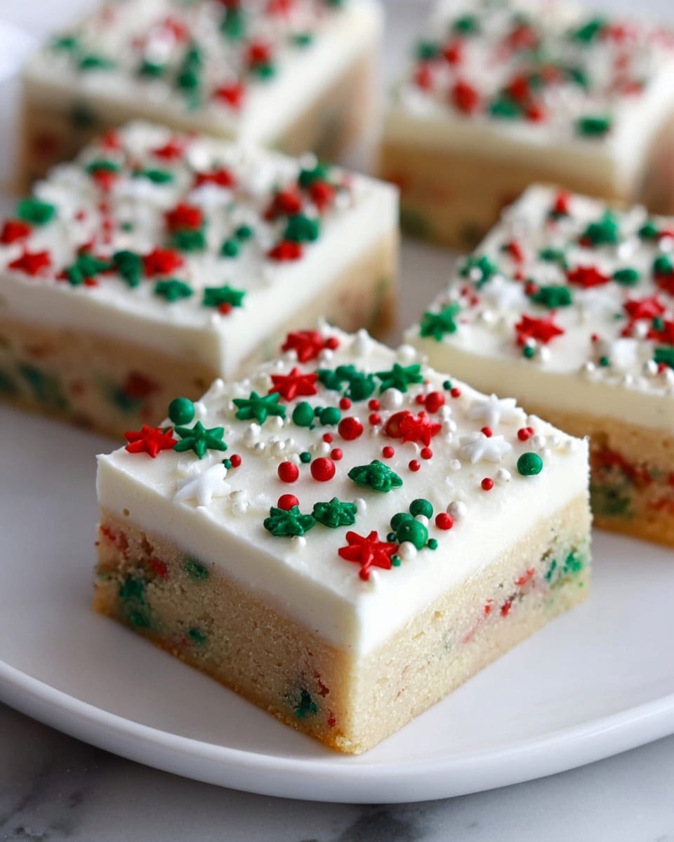A square dessert bar with two layers sits on a white plate over a white marbled surface. The bottom layer is a thick, light tan cookie base embedded with small red, green, and dark green sprinkles, giving it a colorful, speckled look. The top layer is a thick, smooth white frosting that covers the entire cookie base evenly. On top of the frosting, there are many small red, green, dark green, and white sprinkle shapes spread out evenly, adding bright, festive colors. The bars are cut into clean square pieces and arranged close together. photo taken with an iphone --ar 4:5 --v 7