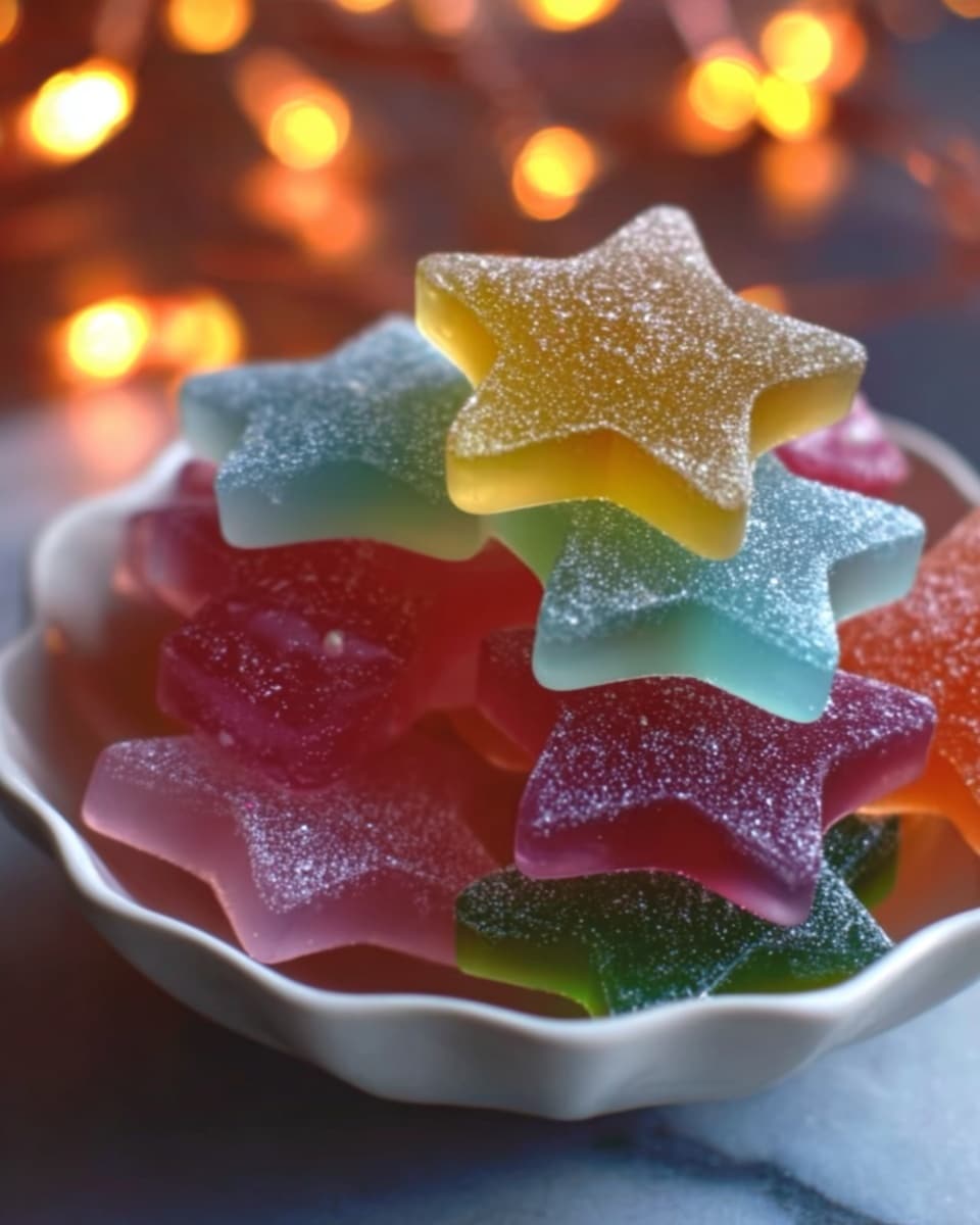 A colorful close-up of translucent star-shaped jelly candies stacked in a small white bowl, each star glowing softly in bright green, light yellow, and pink shades. The top green star has tiny white, yellow, and pink star-shaped sprinkles on its surface that look slightly sparkling. The jelly stars have a smooth and glossy texture with a slightly frosty look. The bowl is placed on a white marbled surface, with scattered small star sprinkles around it, and a woman's hand holding the green star candy with a blue and yellow ribbon loop attached. Photo taken with an iphone --ar 4:5 --v 7