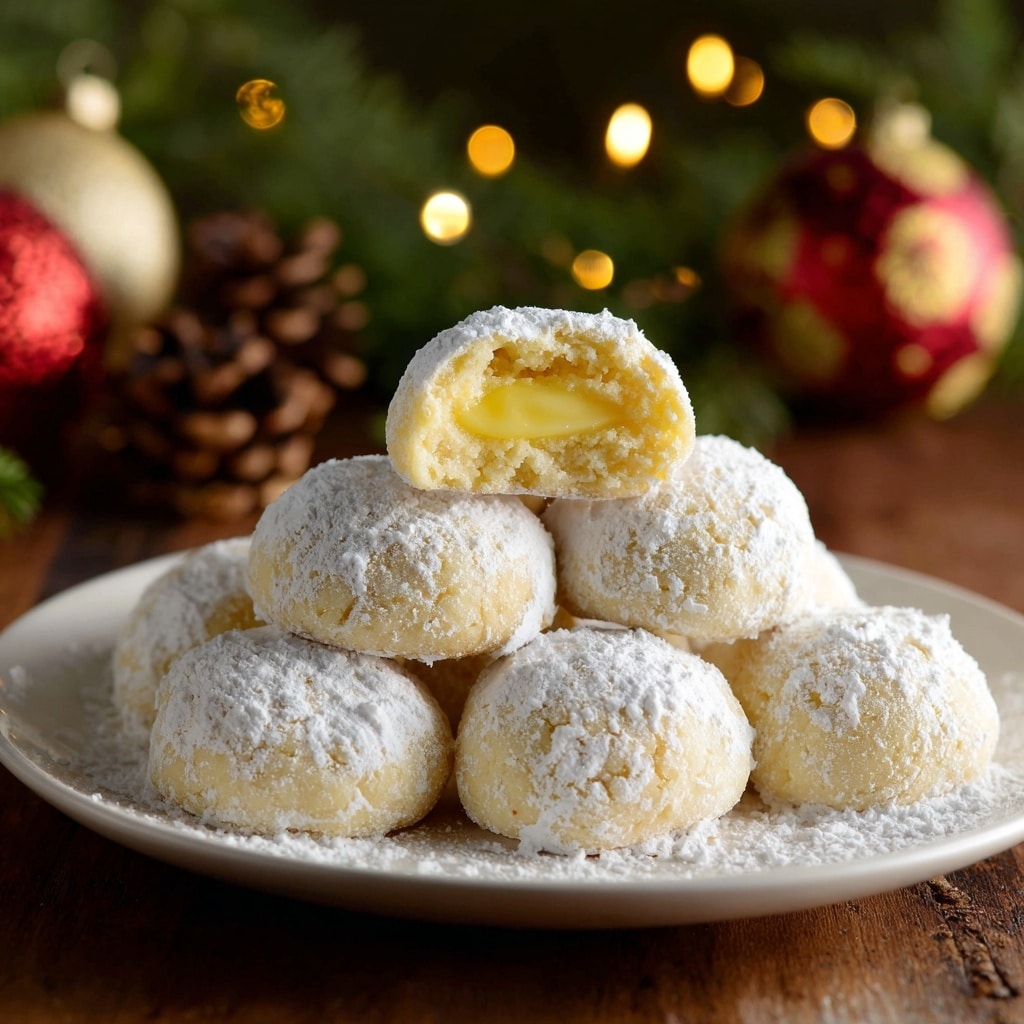 A white plate holds nine small round cookies dusted with white powdered sugar, with one cookie broken open to show its soft, creamy, pale yellow filling inside. The cookies have a light golden-brown base layer and a smooth, slightly cracked top layer covered in powdered sugar. The plate is set on a white marbled surface with blurred warm lights, pine cones, green pine branches, red and yellow round ornaments in the background, giving a cozy festive look. Photo taken with an iphone --ar 4:5 --v 7