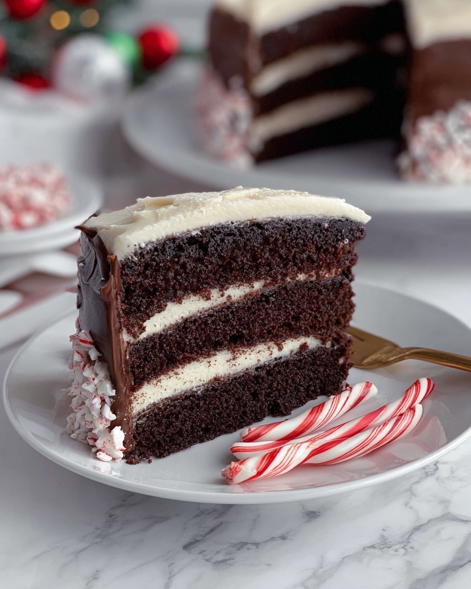 A slice of rich three-layer dark chocolate cake stands on a white plate, each layer separated by smooth, dark chocolate ganache. The top of the slice is covered with a light cream frosting, slightly textured and thick. Around the cake slice, there are three red and white striped peppermint candies and two small candy canes. A silver fork with a golden handle rests on the plate near the front edge. In the blurred background, the rest of the whole cake with similar frosting and chocolate layers is visible on a white marbled surface, with some holiday decor colors faintly seen. Photo taken with an iphone --ar 4:5 --v 7