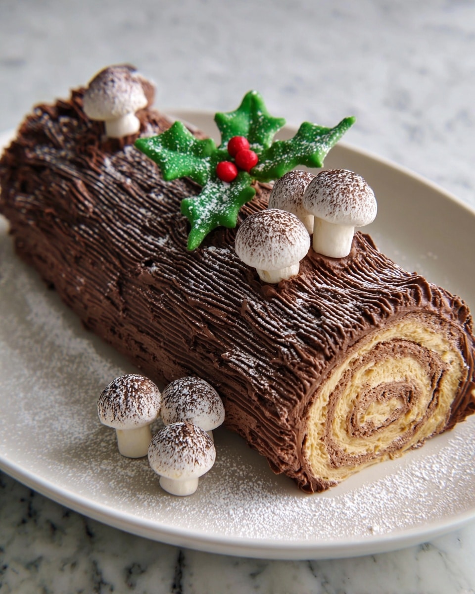 A chocolate log cake lies on a white plate with three visible layers: a light brown sponge base, a creamy milk chocolate filling in the middle, and a dark chocolate textured frosting on the outside shaped with wood grain patterns to look like bark; small white meringue mushrooms dusted lightly with cocoa powder are placed on top and beside the log, along with green holly leaves decorated with small red berries, all set against a white marbled texture. photo taken with an iphone --ar 4:5 --v 7