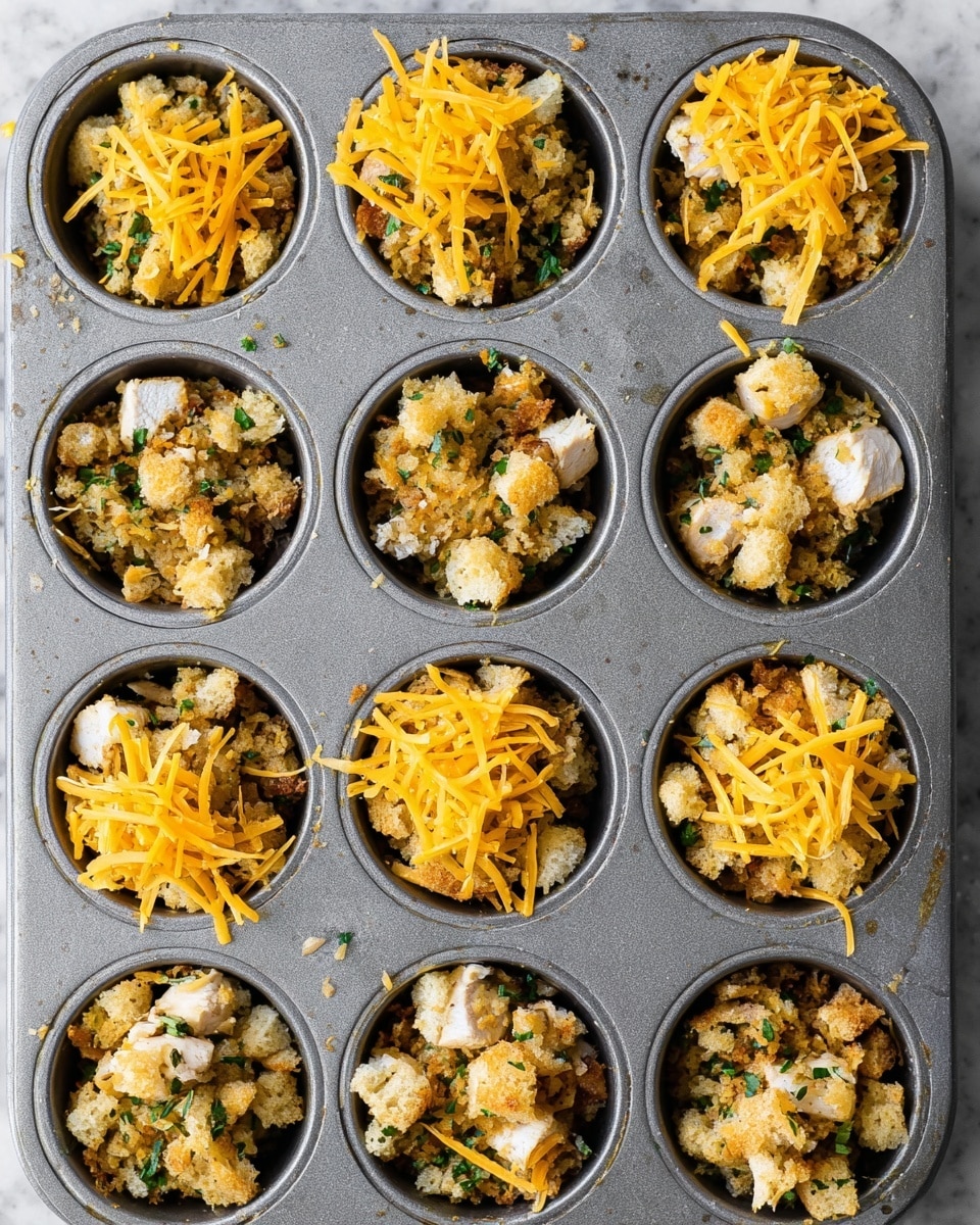 The image shows a close top view of a gray metal muffin tray with nine compartments filled with a mix of crumbled bread stuffing and small white chicken pieces. Some compartments have a thin layer of shredded yellow cheddar cheese sprinkled on top. The stuffing looks crumbly and golden brown with bits of green herbs mixed in. The chicken pieces are placed inside the stuffing in each muffin slot. The entire tray sits on a white marbled textured surface. Photo taken with an iphone --ar 4:5 --v 7