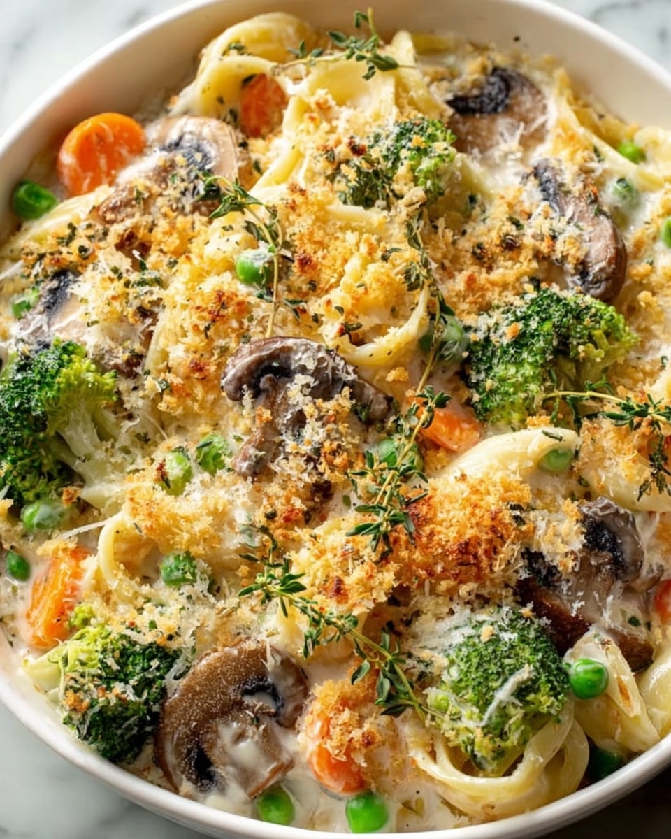 The dish is a creamy vegetable pasta bake in a white bowl, sitting on a white marbled surface. The pasta layers are mixed with bright green broccoli florets, sliced brown mushrooms, orange carrot rounds, and green peas scattered throughout. A creamy white sauce coats the pasta and vegetables evenly, topped with a generous layer of golden toasted breadcrumbs and a light sprinkle of grated cheese. Small fresh green thyme leaves are scattered on top for a fresh touch, with some mushrooms and vegetables peeking through the topping. photo taken with an iphone --ar 4:5 --v 7