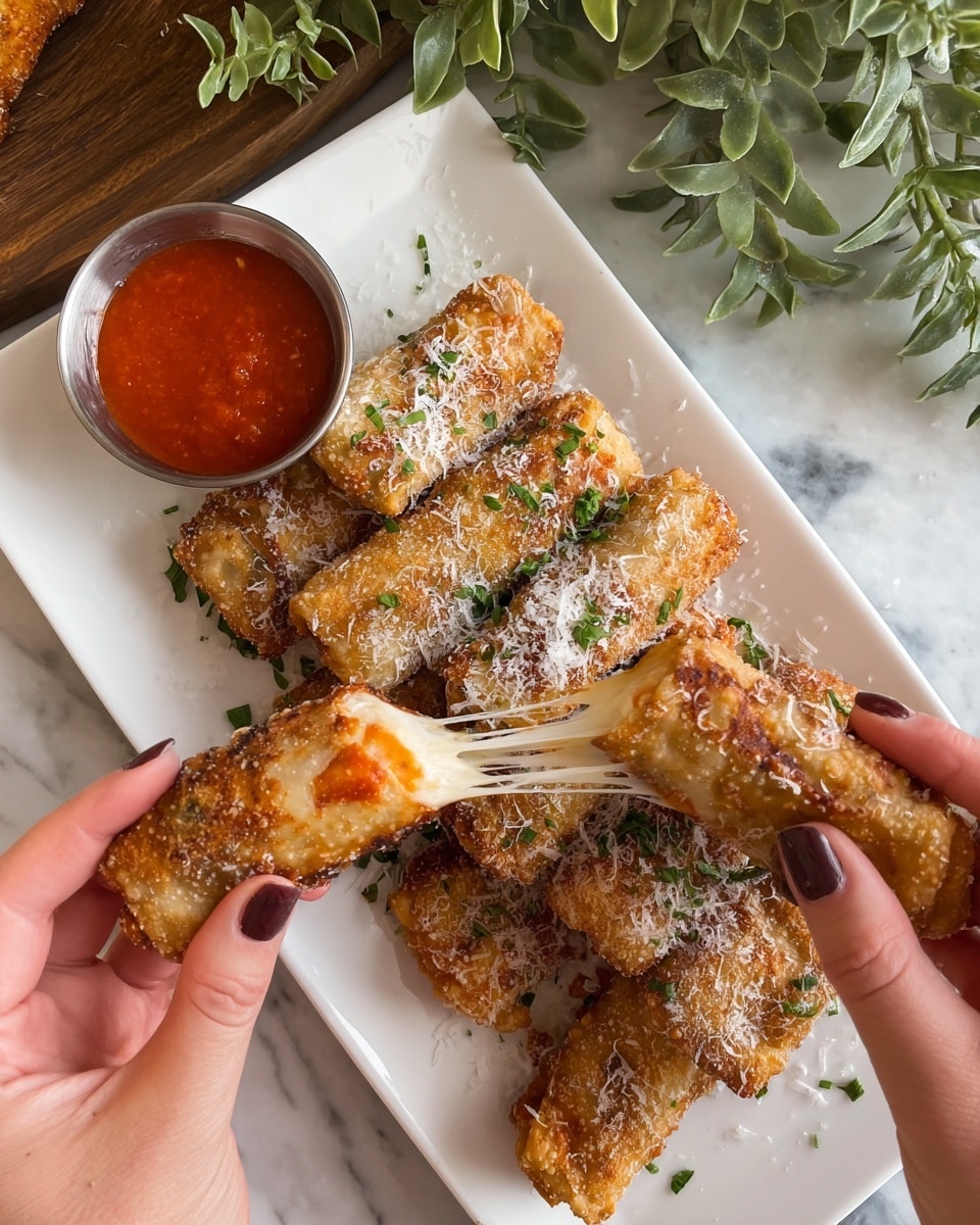 A white rectangular plate holds about ten golden-brown, crispy, fried cheese-filled rolls, sprinkled with finely grated white cheese and small green herb pieces. A small metal bowl of red marinara sauce sits near the upper left corner of the plate. Two woman's hands are pulling one roll apart in the center of the image, stretching gooey melted cheese between the two halves. The plate is set on a white marbled surface with green plants in the background. Photo taken with an iphone --ar 4:5 --v 7