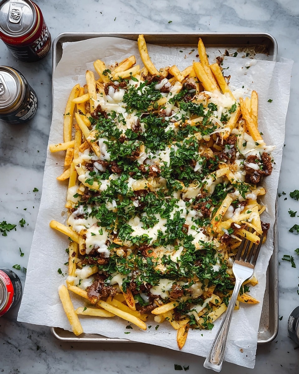 The dish is a serving of fries layered on a sheet of white parchment paper over a metal tray. The bottom layer is golden-yellow crispy fries that spread evenly. On top, there are pieces of browned meat scattered all over, with melted white cheese cover partially melting between the fries and meat. The top layer is fresh, chopped green parsley sprinkled in generous amounts, giving a vibrant contrast to the fries and cheese. A silver fork rests on the right side of the tray, holding some fries. The tray is placed on a surface with a white marbled texture, and there are drink cans and a glass around it. photo taken with an iphone --ar 4:5 --v 7