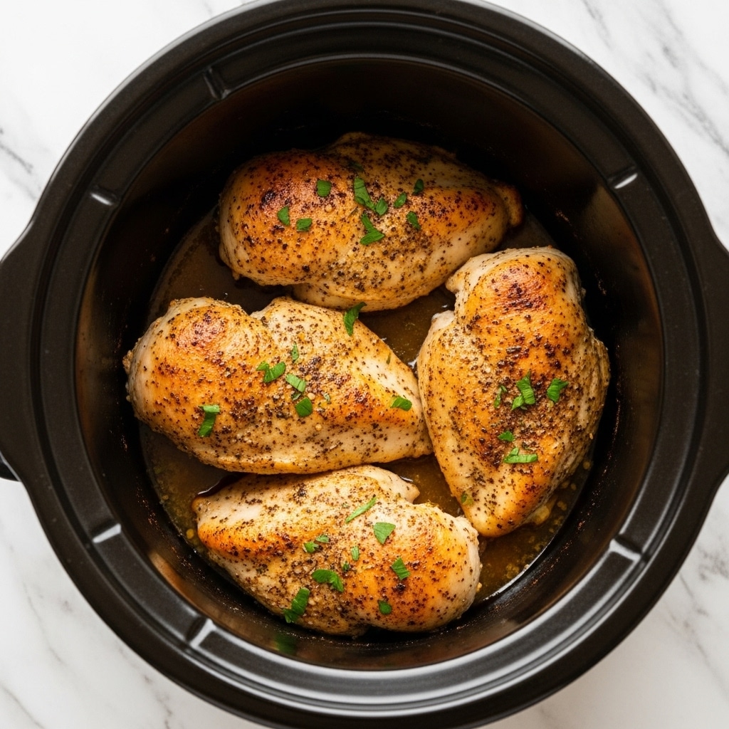 Three pieces of cooked chicken breasts are placed closely together inside a black slow cooker. The chicken has a dark golden brown, slightly crispy texture with visible blackened herbs and spices on the surface. Small bits of fresh green parsley are sprinkled on top. The chicken sits in a light brown oily broth at the bottom of the cooker. The background is a white marbled texture. photo taken with an iphone --ar 4:5 --v 7