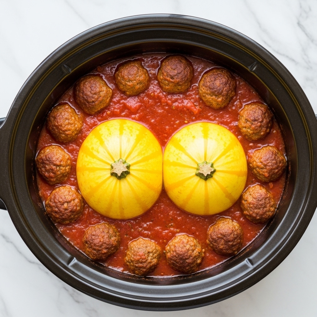 The image shows a black slow cooker filled with a rich red tomato sauce base, bubbling slightly at the edges. Floating on top are two whole yellow squash, smooth and rounded, placed side by side in the center, with slight browning and natural skin markings. Surrounding the squash are several browned meatballs, some partially covered by the sauce, adding texture and depth. The slow cooker sits on a white marbled surface, creating a clean and bright contrast with the warm colors of the dish. Photo taken with an iphone --ar 4:5 --v 7