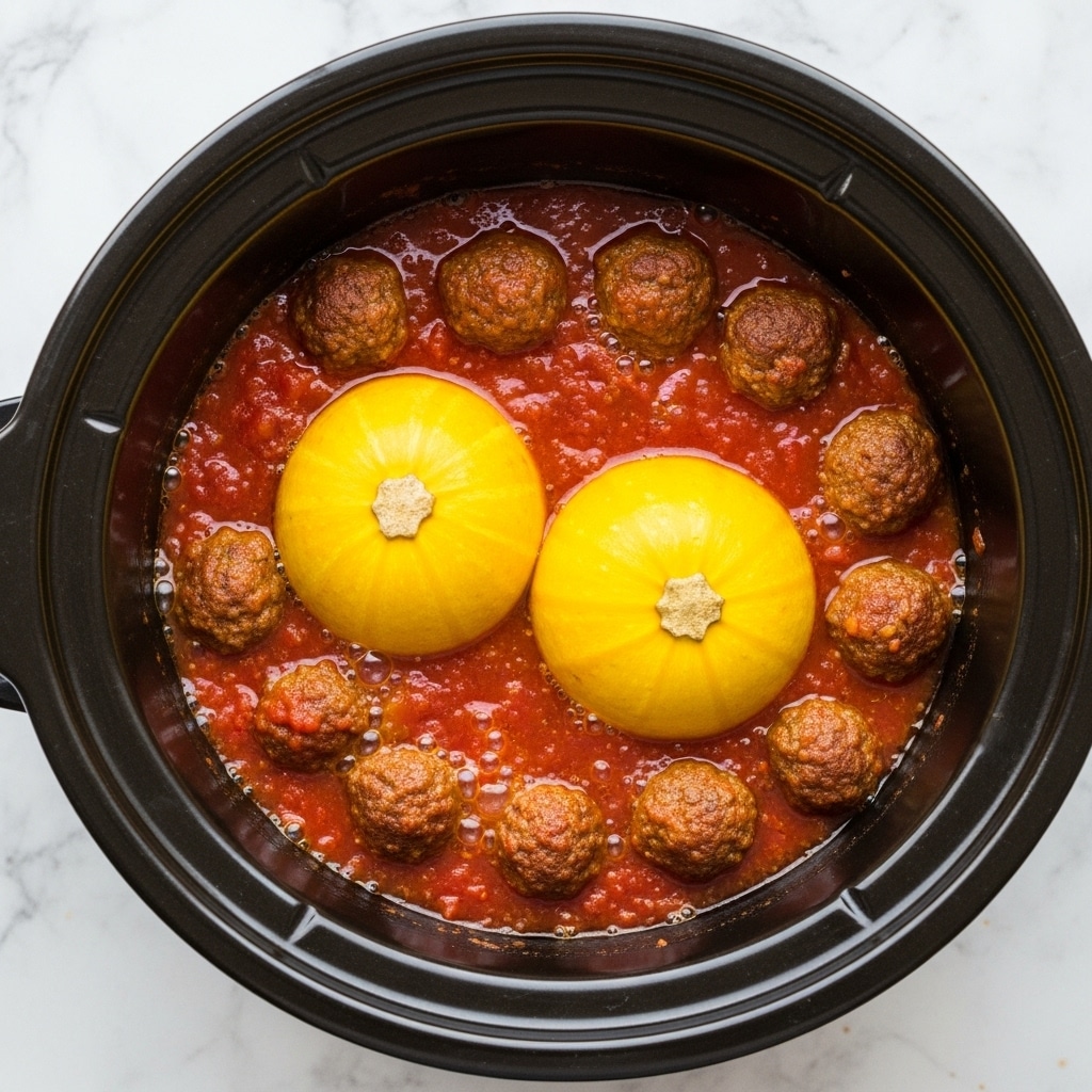 The image shows a black slow cooker filled with a red tomato sauce base that is slightly oily and bubbling gently. There are two whole yellow round squashes in the center, floating on the sauce. Around the squashes, there are several brown meatballs partially covered in the sauce. The surface beneath the cooker has a white marbled texture. photo taken with an iphone --ar 4:5 --v 7