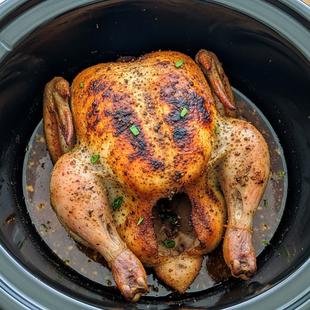 A whole roasted chicken sits in a black slow cooker, showing a well-browned, spiced skin with a mix of dark and golden brown tones. The chicken is placed breast side up in the center, with legs and wings spread out naturally, slightly charred. Small green herb pieces are scattered lightly on the chicken's surface. The slow cooker's interior is shiny black, contrasting with the chicken and catching some of the cooking juices that pool around the bird, creating a light glossy effect. The textures of the chicken skin look crisp and seasoned, highlighting the roasting process. Photo taken with an iphone --ar 4:5 --v 7