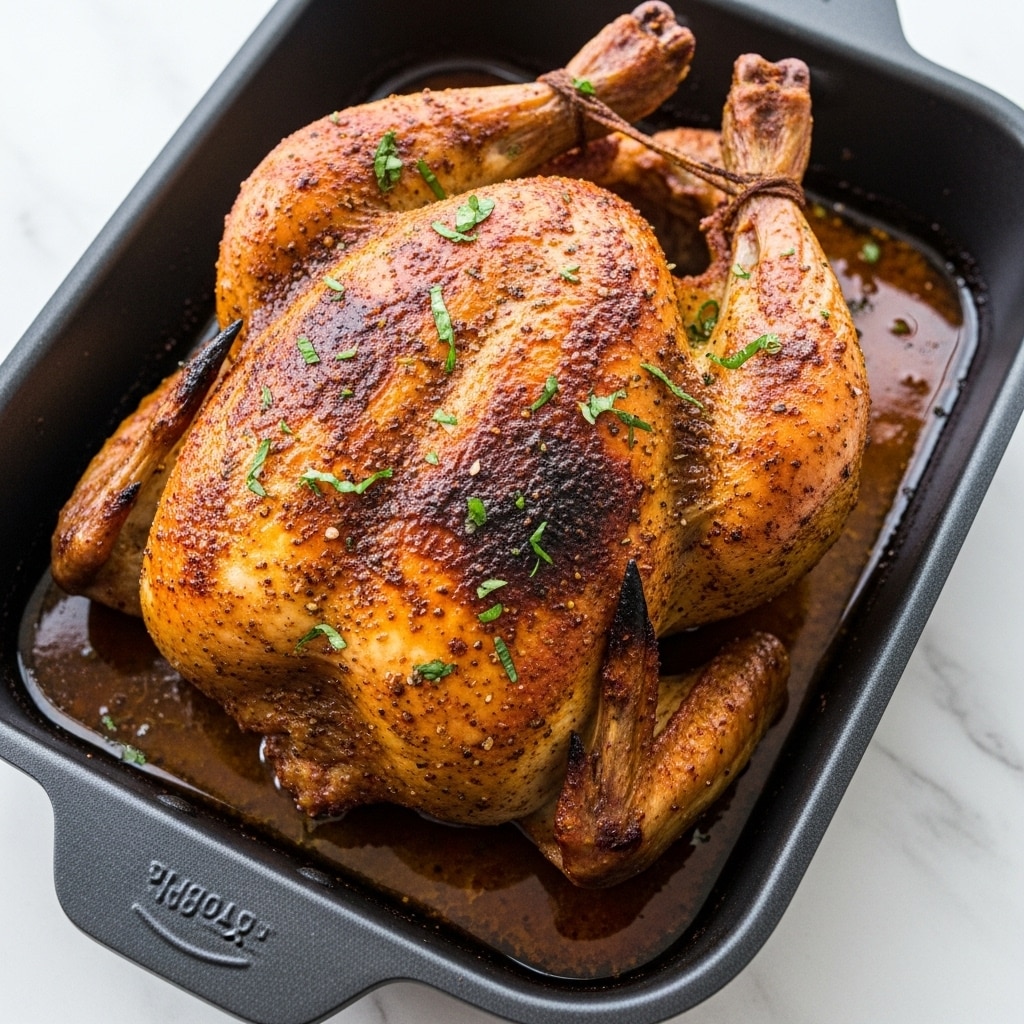 A whole roasted chicken with a crispy, golden-brown skin covered in a spice rub, placed inside a black roasting pan. The chicken has a slightly shiny texture from the cooking juices pooled around it. Small green herb pieces are scattered on top of the chicken, adding a fresh touch to the rich, browned surface. The edges of the chicken show some dark, charred spots, giving it a well-cooked look. The whole dish rests on a white marbled background. photo taken with an iphone --ar 4:5 --v 7