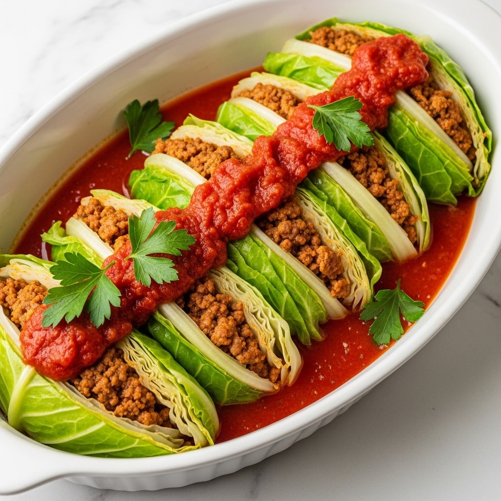 A white oval dish filled with several folded layers of bright green cabbage leaves stuffed with a mix of cooked ground meat and tomato sauce, visible both tucked inside and spread over the top. The vibrant red sauce pools at the bottom of the dish, contrasting with the textured, brownish meat and fresh green parsley leaves scattered on top. The cabbage layers have some light golden brown edges from cooking. The dish sits on a white marbled surface. photo taken with an iphone --ar 4:5 --v 7