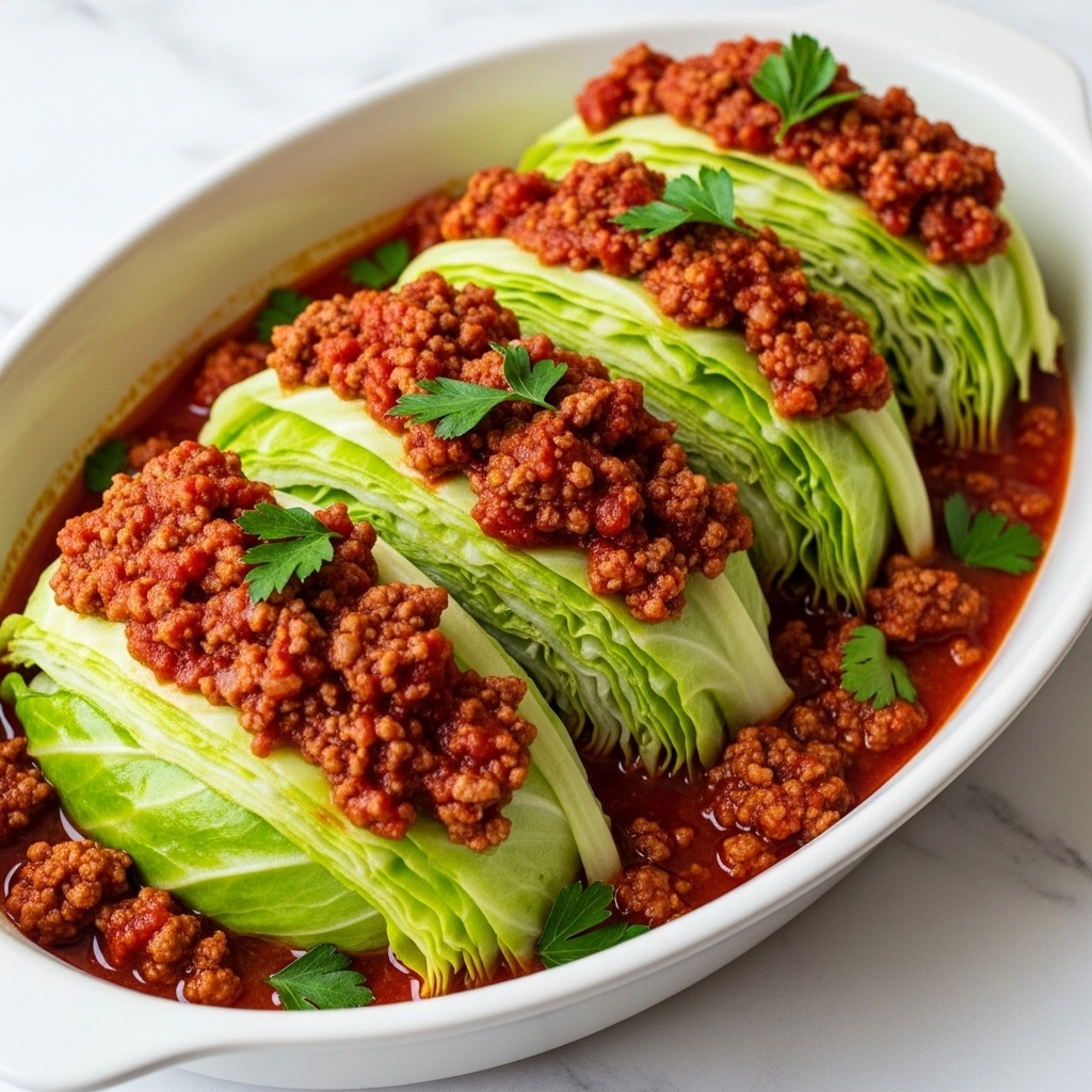 The dish shows several layers of large green cabbage leaves cooked with a soft texture, stacked carefully in a white oval dish. Each layer is covered with rich, deep red tomato sauce mixed with browned ground meat, creating a coarse and chunky texture on top. Bright green fresh parsley leaves are sprinkled all over, adding a fresh and vibrant touch. The sauce pools around the bottom edges of the cabbage, giving a glossy and juicy look. The dish rests on a white marbled surface. photo taken with an iphone --ar 4:5 --v 7