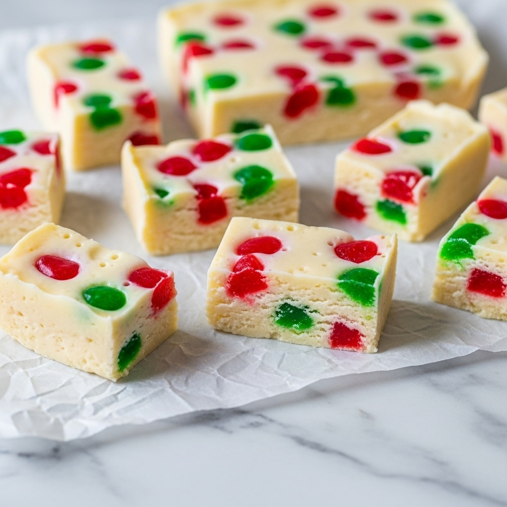 The image shows several rectangular pieces of white fudge with embedded colorful chunks of red and green candied fruit distributed unevenly throughout each piece. The fudge has a smooth but slightly bumpy texture with visible specks inside and is cut into thick, bar-shaped layers placed on crumpled parchment paper over a white marbled surface. The background is soft-focused, highlighting the vibrant candy pieces against the creamy white fudge. photo taken with an iphone --ar 4:5 --v 7