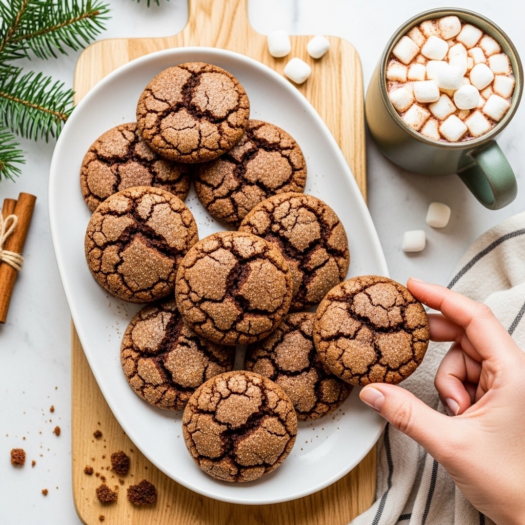 A close-up image shows a dozen round chocolate cookies with cracked surfaces and a light dusting of sugar on top, arranged on a gold wire cooling rack over a white marbled texture. One cookie near the center has a bite taken out of it, showing the soft, chewy inside with a slightly darker shade of brown. The cookies have a textured, slightly rough look with some sugar granules visible, and the warm brown colors contrast with the bright white marbled background. photo taken with an iphone --ar 4:5 --v 7