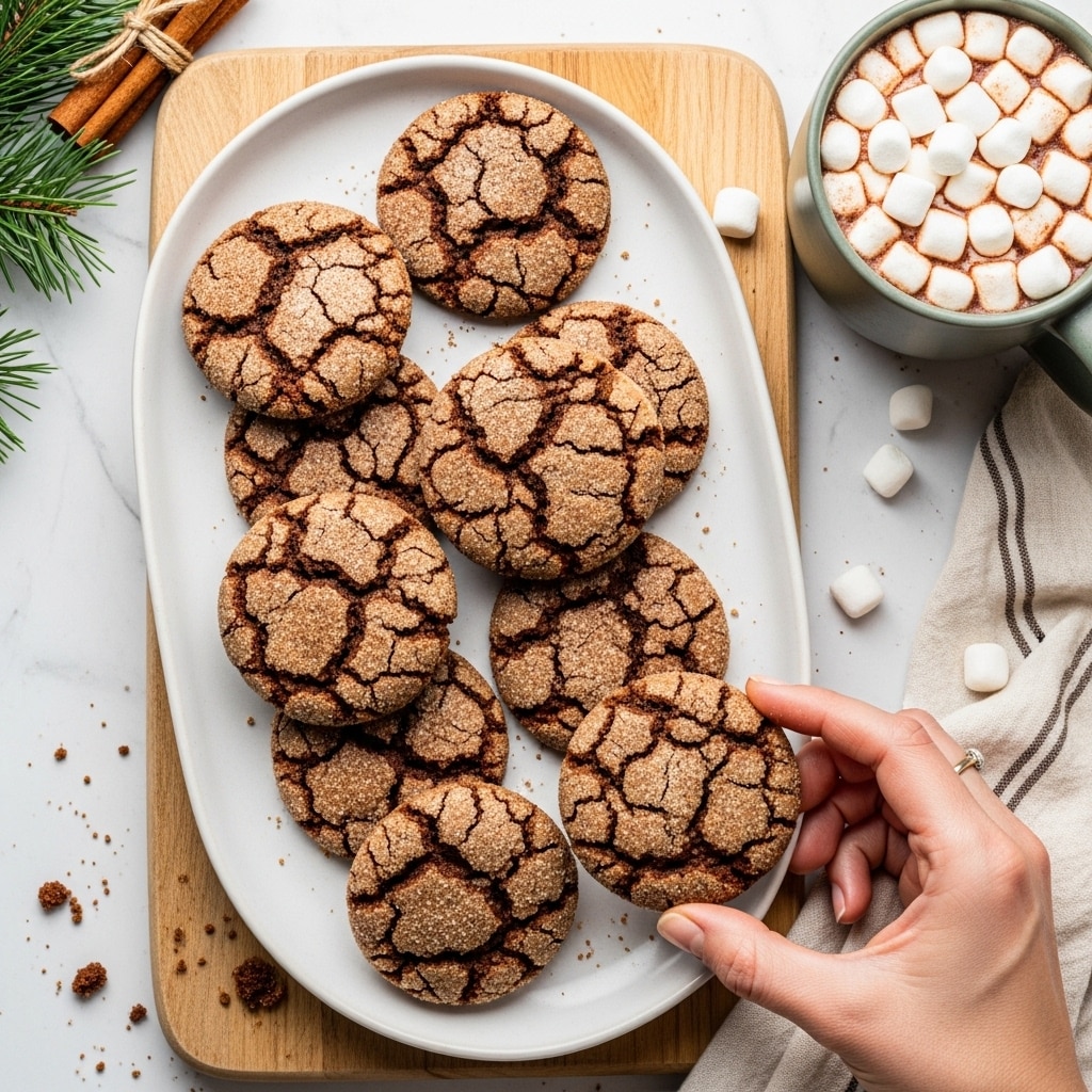 A white oval plate holds ten dark brown, cracked ginger cookies with a slightly rough, sugary texture on top, some sprinkled lightly with cinnamon sugar. The cookies are stacked in two uneven layers, overlapping each other. A woman’s hand is reaching from the bottom right corner, picking up one cookie. The plate rests on a light wooden cutting board with crumbs scattered around. In the top right corner, there is a green-gray mug filled with hot chocolate topped with small white marshmallows. The background is a white marbled texture with a sprig of pine and cinnamon sticks near the top left corner, and a striped white and brown cloth peeking from the bottom right. photo taken with an iphone --ar 4:5 --v 7