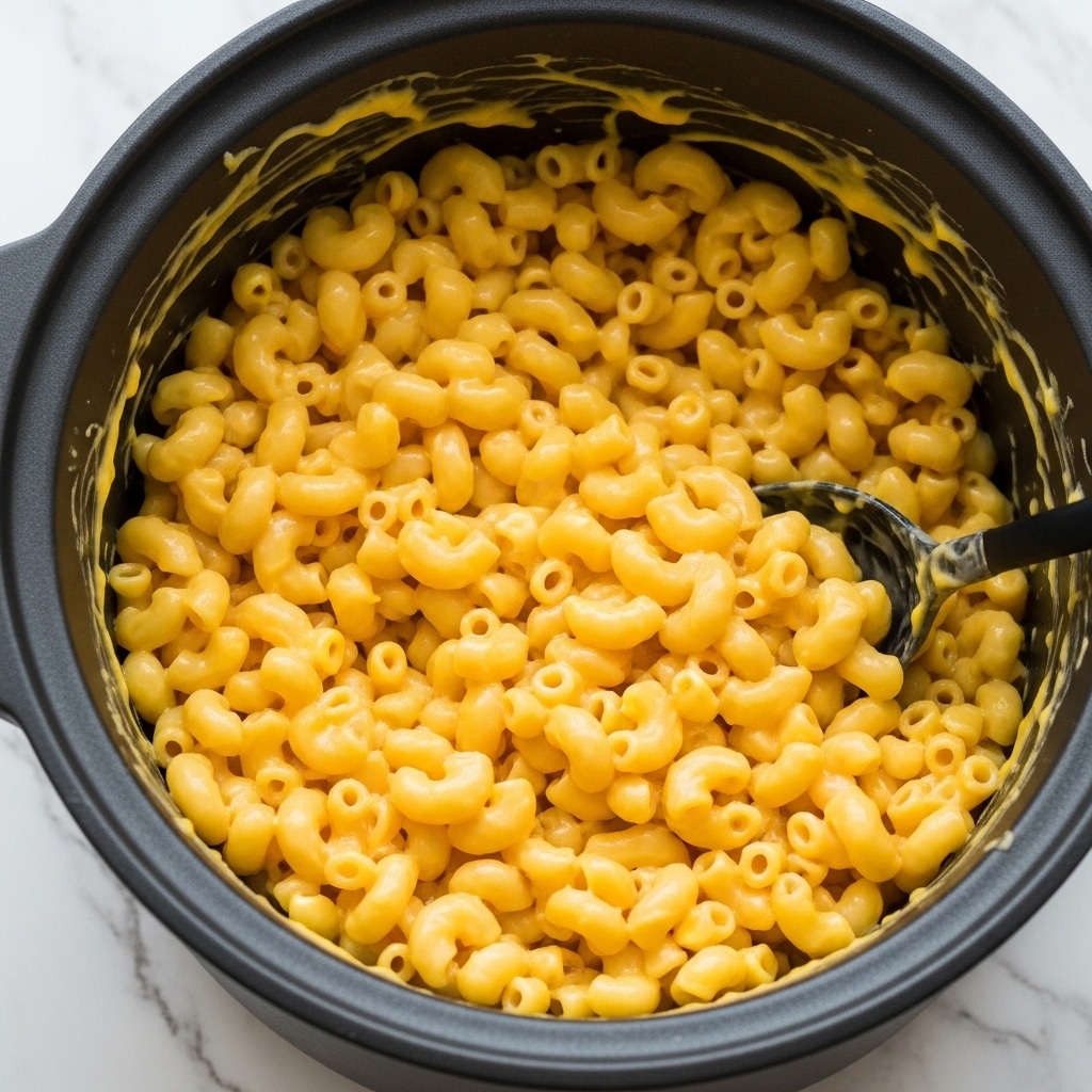 Inside a black slow cooker, a mix of ingredients is layered with dry spiral pasta pieces in pale yellow on the right side, partially resting on a smooth, white creamy liquid. The left side shows a large pile of shredded cheddar cheese, bright orange with fine, thin strands covering most of the creamy base. Sprinkled over the cheese and creamy mixture are small spots of ground seasoning in brown, black, and tan shades, giving texture and color contrast. The slow cooker is set on a white marbled surface. photo taken with an iphone --ar 4:5 --v 7