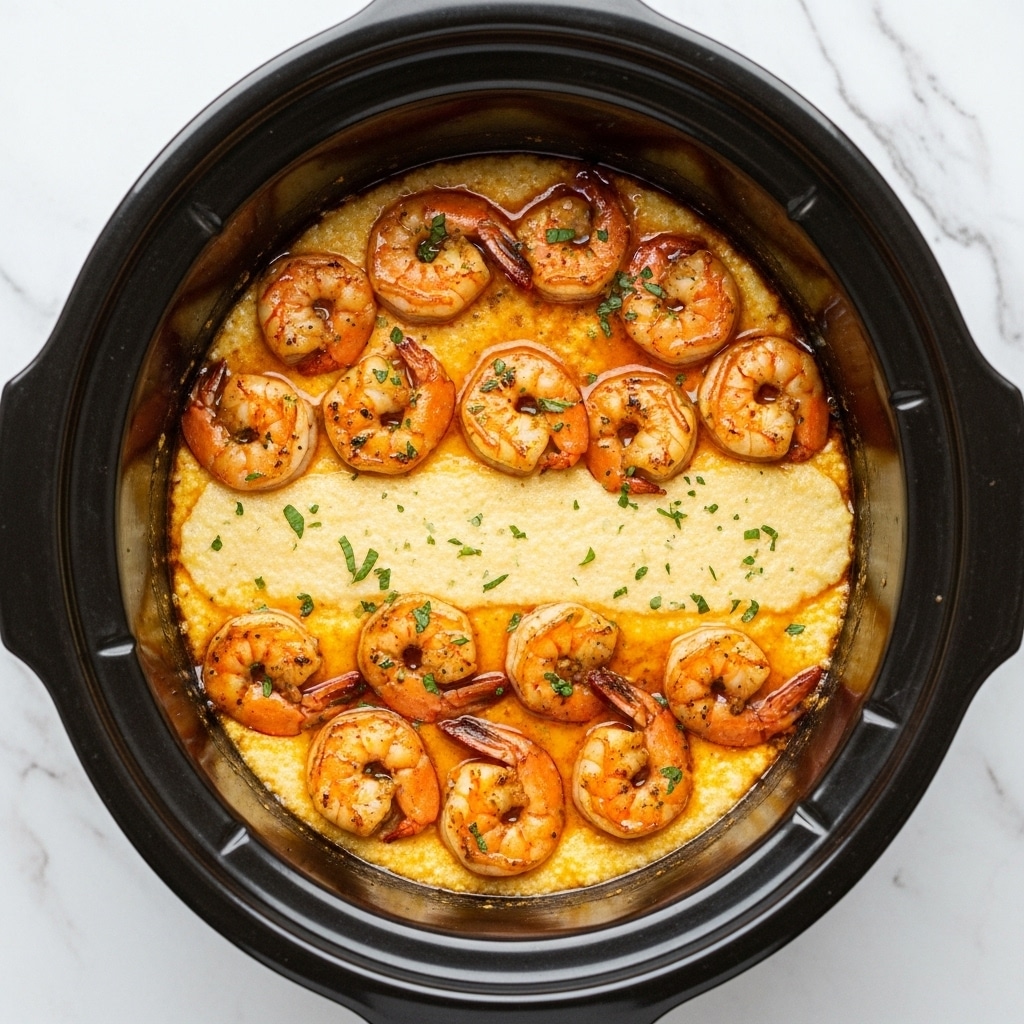 This image shows a white oval slow cooker filled with creamy shrimp and grits. The dish has a thick, light yellow grits layer as the base, smooth in texture and covering the entire cooker bottom. On top, there are about sixteen medium-sized cooked shrimp, pink with a slightly orange tint and scattered evenly. The shrimp appear slightly shiny, coated in a creamy sauce mixed with small green herb bits sprinkled all over the dish. The surface looks warm and inviting with the shrimp slightly sunken into the creamy grits below. The photo is set on a white marbled surface. Photo taken with an iphone --ar 4:5 --v 7