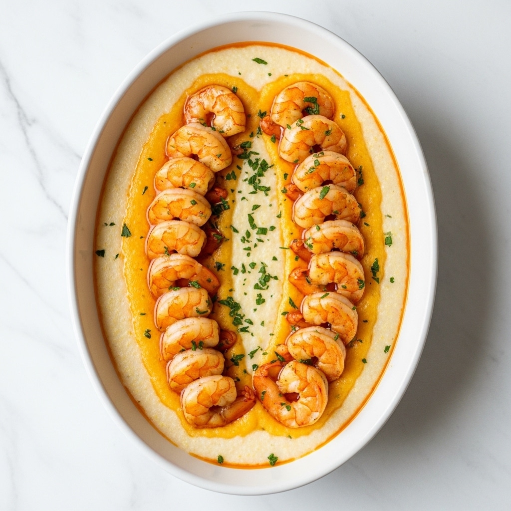 The image shows a slow cooker filled with a creamy dish topped with cooked shrimp. The shrimp are orange with a slightly crispy texture and are spread evenly across the surface. The creamy layer underneath is thick, white, and smooth with hints of herbs sprinkled lightly on top. Small pieces of green herbs add a touch of color contrast. The slow cooker is black and oval-shaped, placed on a white marbled surface. photo taken with an iphone --ar 4:5 --v 7