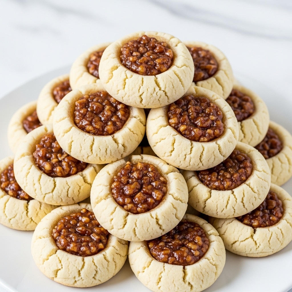 A white plate filled with a pile of small round cookies, each with a light golden-brown dough base that is soft and thick, forming a shallow cup shape. The cookies have a center filled with a gooey, caramel-like layer topped with small chopped dark and light brown nuts, giving a chunky texture. The edges of the dough are slightly cracked and soft-looking. The plate sits on a surface with a white marbled texture, with blurred white plates and a container of nuts in the background. photo taken with an iphone --ar 4:5 --v 7
