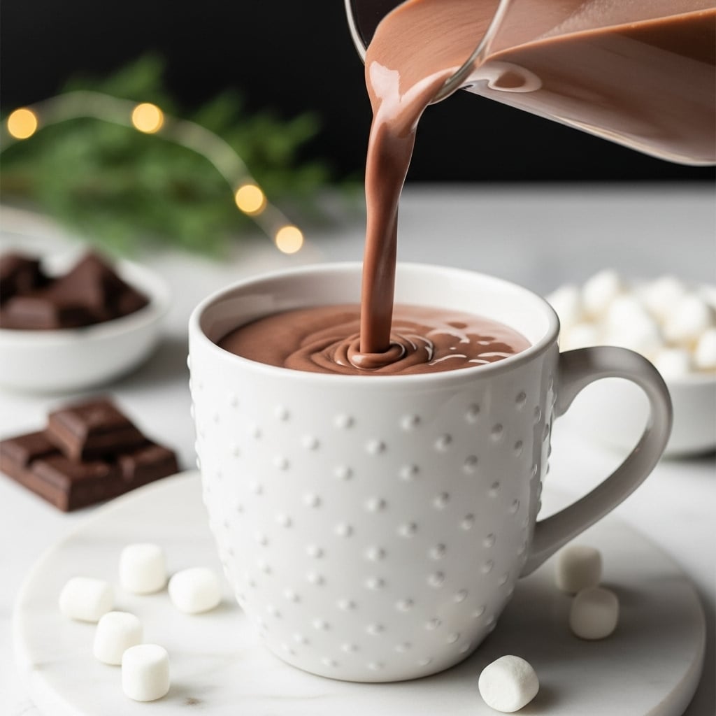 A close-up image shows a cup being filled with smooth, creamy hot chocolate. The mug is white with a subtle raised diamond pattern, and the chocolate is a rich light brown color pouring in a thick stream from a glass container above. Around the mug base, small white marshmallows are scattered, adding to the cozy feel. In the background on a white marbled texture, blurry dark chocolate chips and warm glowing lights can be seen, creating a snug atmosphere. photo taken with an iphone --ar 4:5 --v 7