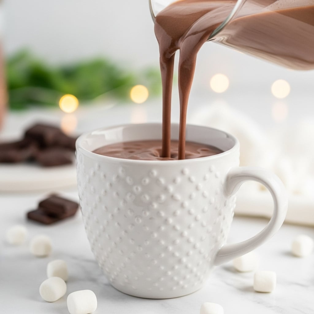The image shows a close-up of smooth, rich chocolate milk being poured from a glass container into a white mug with small, raised dotted diamond patterns. The chocolate milk is thick and creamy, cascading in two streams and slightly spilling over the mug's edge. The mug sits on a white marble surface with small marshmallows scattered beside it. In the softly focused background, there are dark chocolate pieces and hints of greenery and warm lighting. Photo taken with an iphone --ar 4:5 --v 7