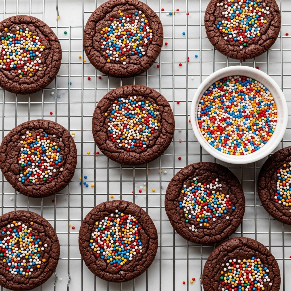 The image shows several round, chocolate cookies covered with colorful sprinkles placed on a dark wire cooling rack. Each cookie has a deep cracked texture on top, revealing a rich, dark brown inside. To the right side of the cookies, there is a white bowl filled with more multicolored round sprinkles. The background features a white marbled texture surface. photo taken with an iphone --ar 4:5 --v 7