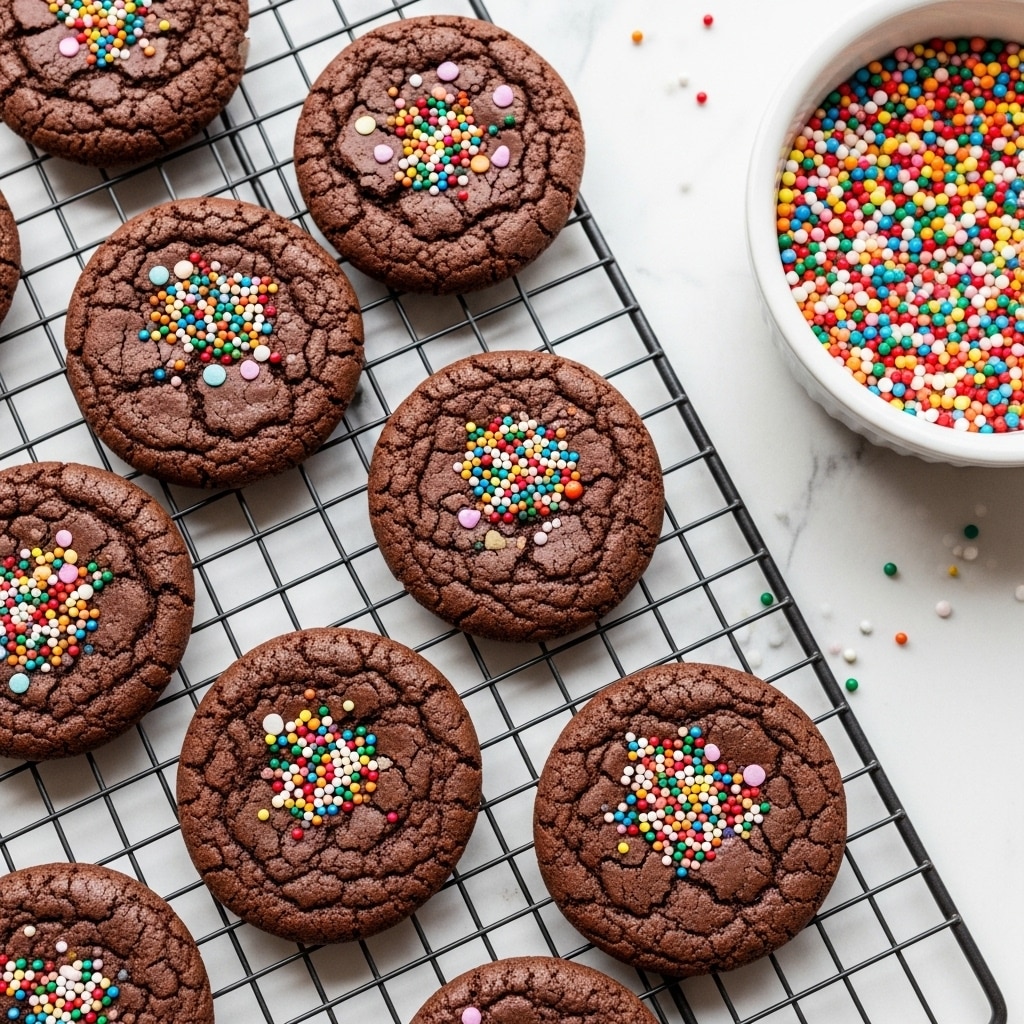 Round dark chocolate cookies with a cracked surface lie on a metal cooling rack atop a white marbled texture. Each cookie is covered with a dense layer of small, round, colorful sprinkles in red, white, blue, yellow, pink, green, and orange. The cracks on the cookies reveal a slightly rough texture beneath the sprinkles. A white bowl filled with the same colorful sprinkles sits among the cookies, showing some sprinkles spilled around it and on the rack. photo taken with an iphone --ar 4:5 --v 7