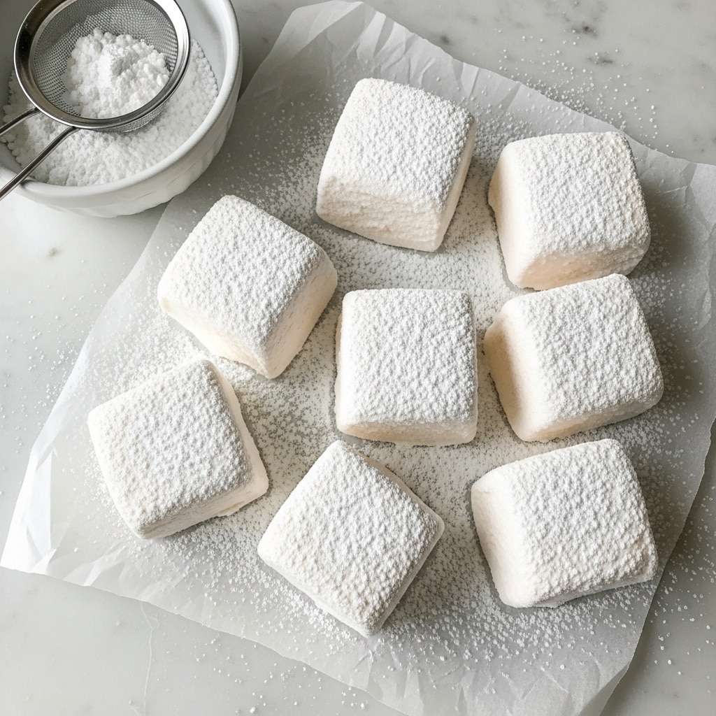 The image shows several soft, square marshmallows scattered on a piece of parchment paper over a white marbled surface. Each marshmallow is dusted heavily with white powdered sugar, giving them a powdery look. The marshmallows are thick, with a fluffy and slightly uneven texture on the sides, and their edges are soft but defined. Around the marshmallows, there is a light scattering of powdered sugar adding to the overall snowy effect. In the top left corner, a round white bowl is partly filled with powdered sugar and a sifter rests inside it. Photo taken with an iphone --ar 4:5 --v 7