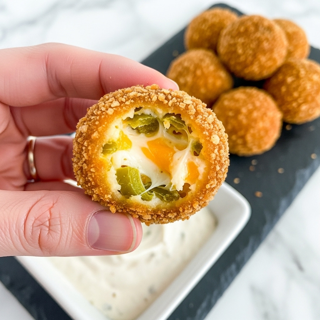 A close-up of a woman's hand holding a round, golden-brown crispy ball with a crunchy texture on the outside. Inside, it has a creamy, gooey cheese layer that is yellowish-white with bits of green pepper pieces mixed in. The background shows a white square dish with some creamy white dip in it and a few more cheese balls resting on a dark surface, all on a white marbled texture. photo taken with an iphone --ar 4:5 --v 7