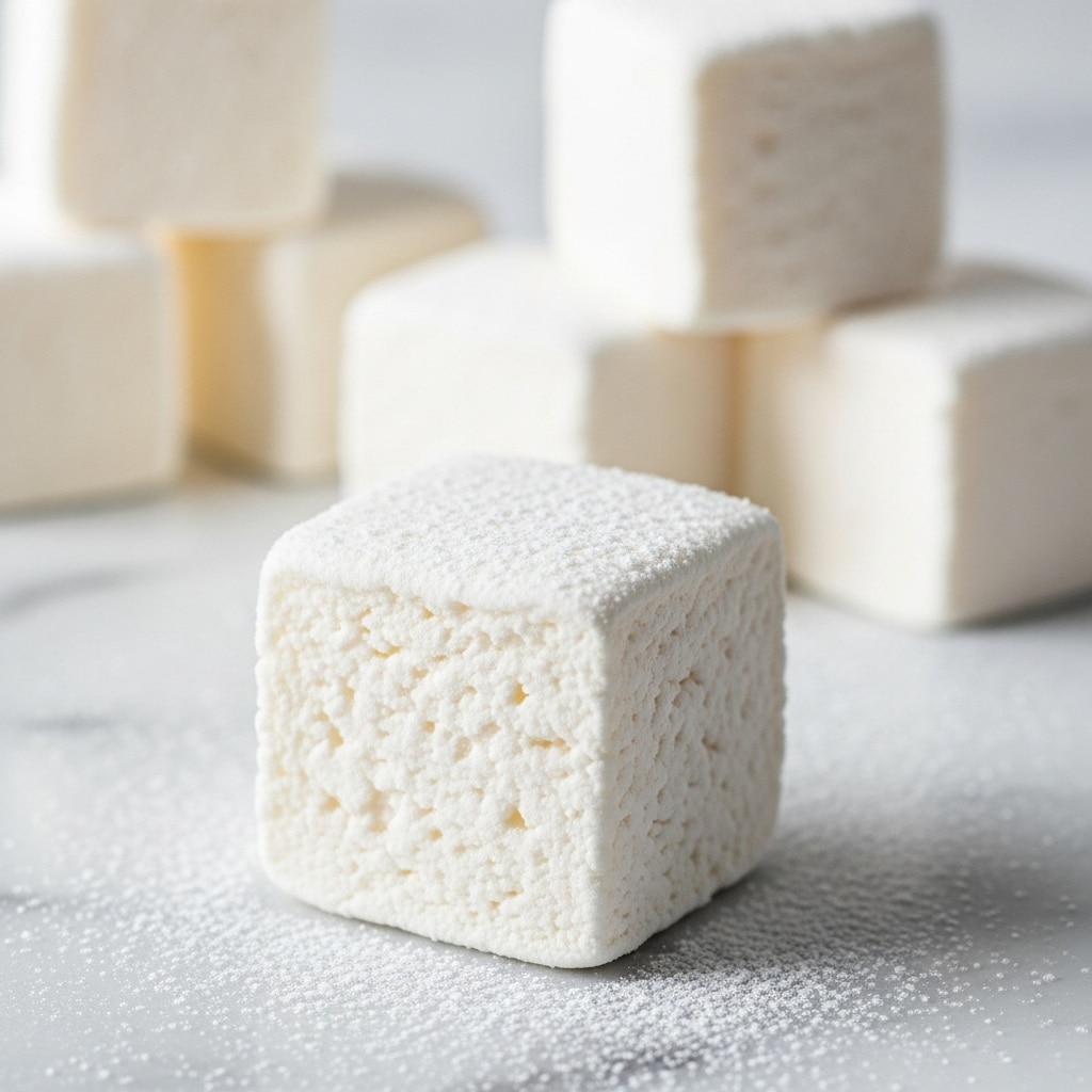 The image shows a close-up of a soft, square white marshmallow piece in the foreground, with a fluffy, slightly uneven texture full of tiny air bubbles and sugar coating. Behind it, more similar marshmallow squares are stacked and scattered on a white marbled surface dusted with powdered sugar. The overall scene highlights the soft and pillowy texture of the marshmallows in a clean, bright setting. Photo taken with an iphone --ar 4:5 --v 7