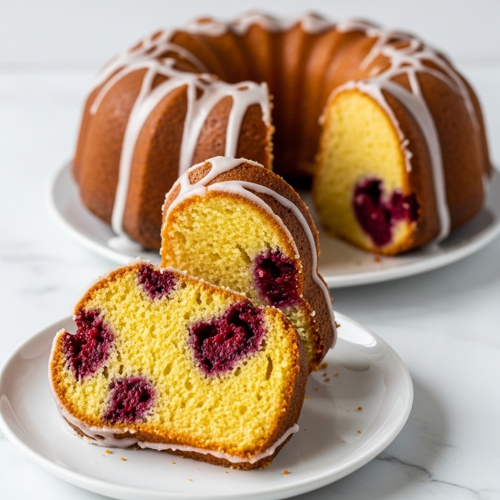 The image shows a sliced bundt cake on a white plate, placed on a white marbled surface. The cake has one main layer of golden yellow sponge that looks moist and crumbly, with bits of dark red berries mixed inside giving patches of red throughout the slices. The outside of the cake has a light glaze drizzled over it, creating shiny white streaks on the golden crust. One slice is closer in the foreground, showing the soft texture and berry filling clearly, while the rest of the cake sits in the background with a large piece missing. photo taken with an iphone --ar 4:5 --v 7