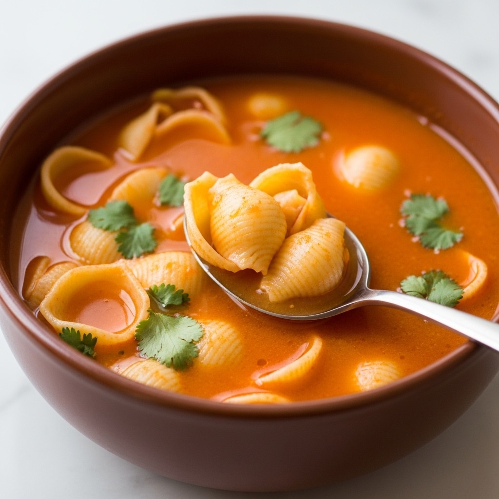 A close-up view of a brown bowl filled with a tomato-based soup containing small shell pasta. The soup has an orange-red color and a slightly oily surface with chopped green herbs sprinkled throughout. The shell pasta is light yellow with ridges and is fully submerged in the soup except for some on top. A metal spoon with a reflective surface lies inside the bowl on the right side, partially immersed in the soup. The bowl sits on a green cloth napkin placed on a white marbled surface with a colorful decorative object blurred in the background. photo taken with an iphone --ar 4:5 --v 7