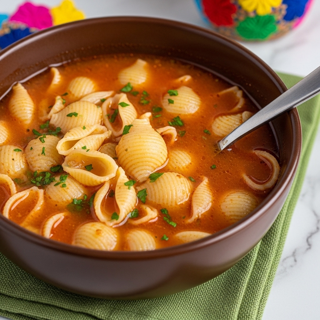 A close-up view of a brown ceramic bowl filled with a rich orange tomato-based soup. The soup contains several layers of small shell-shaped pasta that are creamy white with a slight orange tint from the broth. Fresh green herbs, likely cilantro, are sprinkled throughout the soup, adding a touch of color contrast. A shiny metal spoon is partially submerged in the soup, lifting a few shells and broth, positioned on the right side of the bowl. The bowl sits on a white marbled surface in soft, natural light. photo taken with an iphone --ar 4:5 --v 7