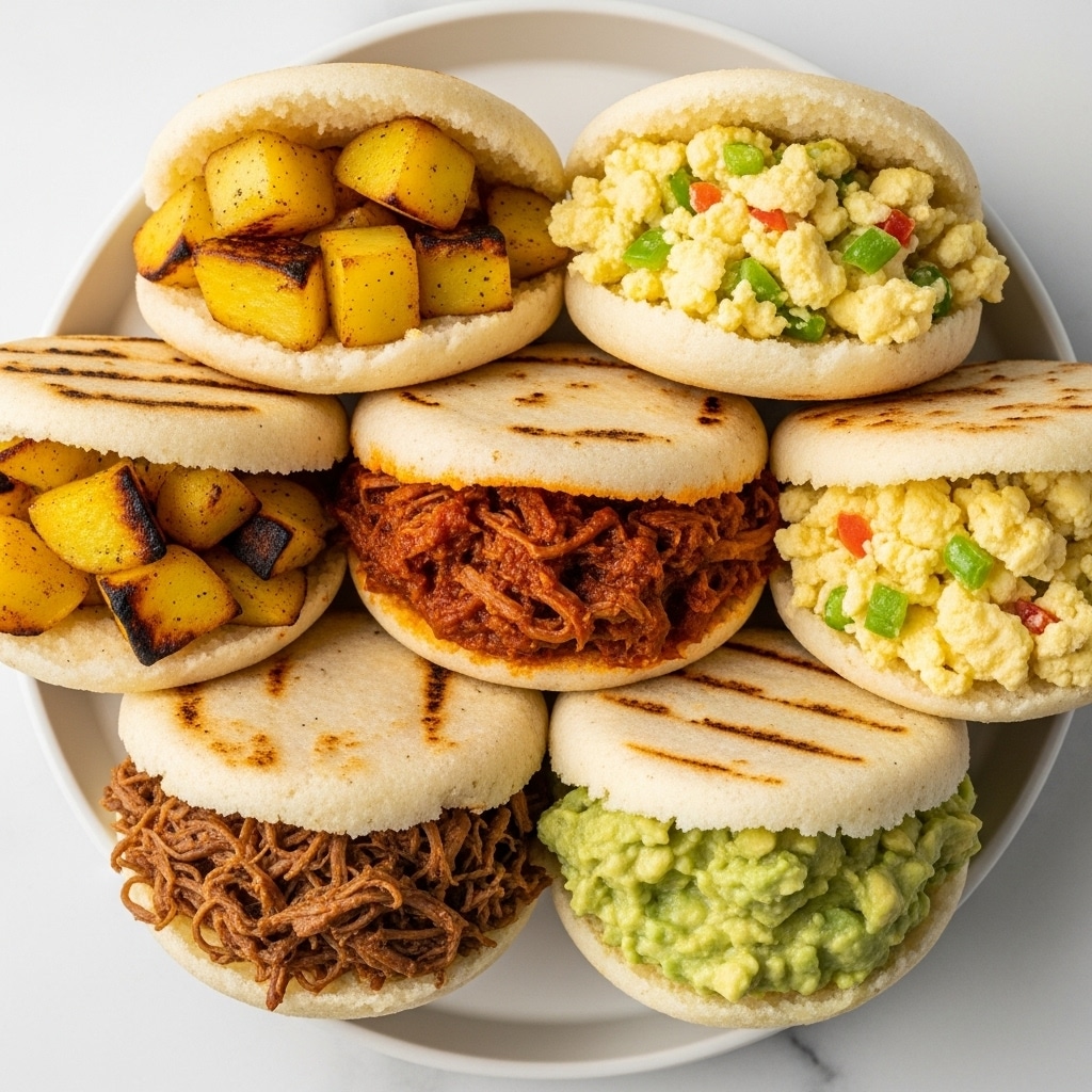 A white round plate holds seven stuffed arepas arranged close together, each arepa sliced open to reveal different fillings; one shows chunks of yellow grilled potatoes with some browned edges, another has dark brown shredded meat in a rich red sauce, while two have fluffy light yellow scrambled eggs mixed with small bits of green and red vegetables. There is also an arepa filled with a creamy pale green avocado mixture. The arepas have a slightly toasted, pale golden corn exterior with some darker grill marks. The dish sits on a white marbled surface. Photo taken with an iphone --ar 4:5 --v 7