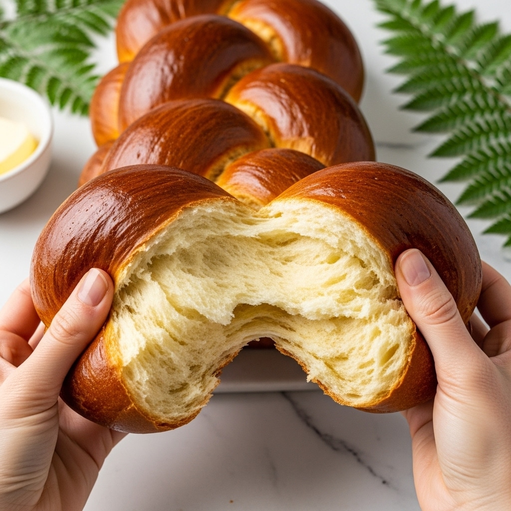 A close-up shot of two woman's hands pulling apart a shiny, golden-brown braided bread loaf, revealing soft, fluffy, light yellow inside layers that look airy and delicate. The background is a white marbled texture with some green fern leaves nearby, adding a fresh natural touch. A white bowl with butter is slightly visible in the corner. The bread’s layers are thick, smooth, and glossy with a soft texture inside, showing the breaking point where the bread is torn open. Photo taken with an iphone --ar 4:5 --v 7