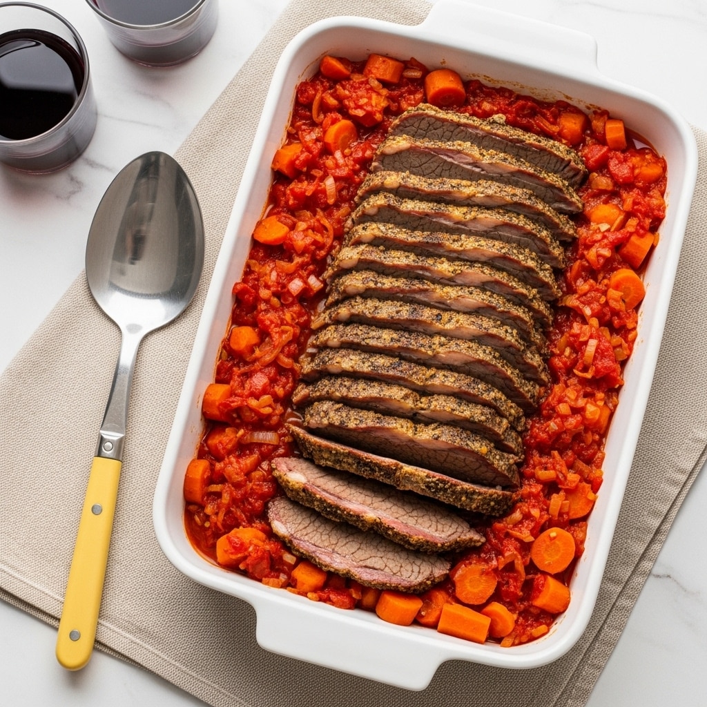 A white rectangular baking dish is filled with sliced cooked beef arranged in a neat row in the center, showing a brown, slightly crusted outer layer and a tender inside. Surrounding the beef are chunky pieces of bright orange carrots and a chunky red tomato sauce mixed with finely chopped onions, creating a colorful base that contrasts with the meat. The dish sits on a white marbled surface with a beige linen napkin underneath a large silver serving spoon with a yellow handle placed to the left. Two glasses of red wine are partially visible in the upper left corner. Photo taken with an iphone --ar 4:5 --v 7
