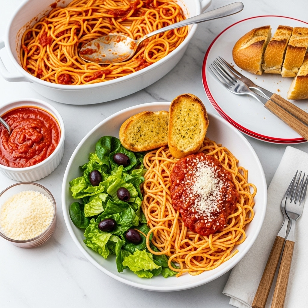 A white bowl is filled with three main parts: a neat mound of pale orange spaghetti mixed with red tomato sauce on the right side, topped with a sprinkle of white grated cheese; two pieces of golden brown toasted garlic bread rest on the top edge of the bowl; the left side holds fresh green lettuce with dark olives, giving a fresh texture and color contrast. Nearby, there is a white serving dish filled with more spaghetti coated in the same red sauce, with a silver spoon and fork placed inside. To the left is a white bowl of thick red tomato sauce, and next to it is a small clear cup of grated cheese. On the right side, a white plate with red edges holds a sliced brown toasted baguette, and several forks with wooden handles rest on a white napkin. The whole setup is on a white marbled surface. Photo taken with an iphone --ar 4:5 --v 7