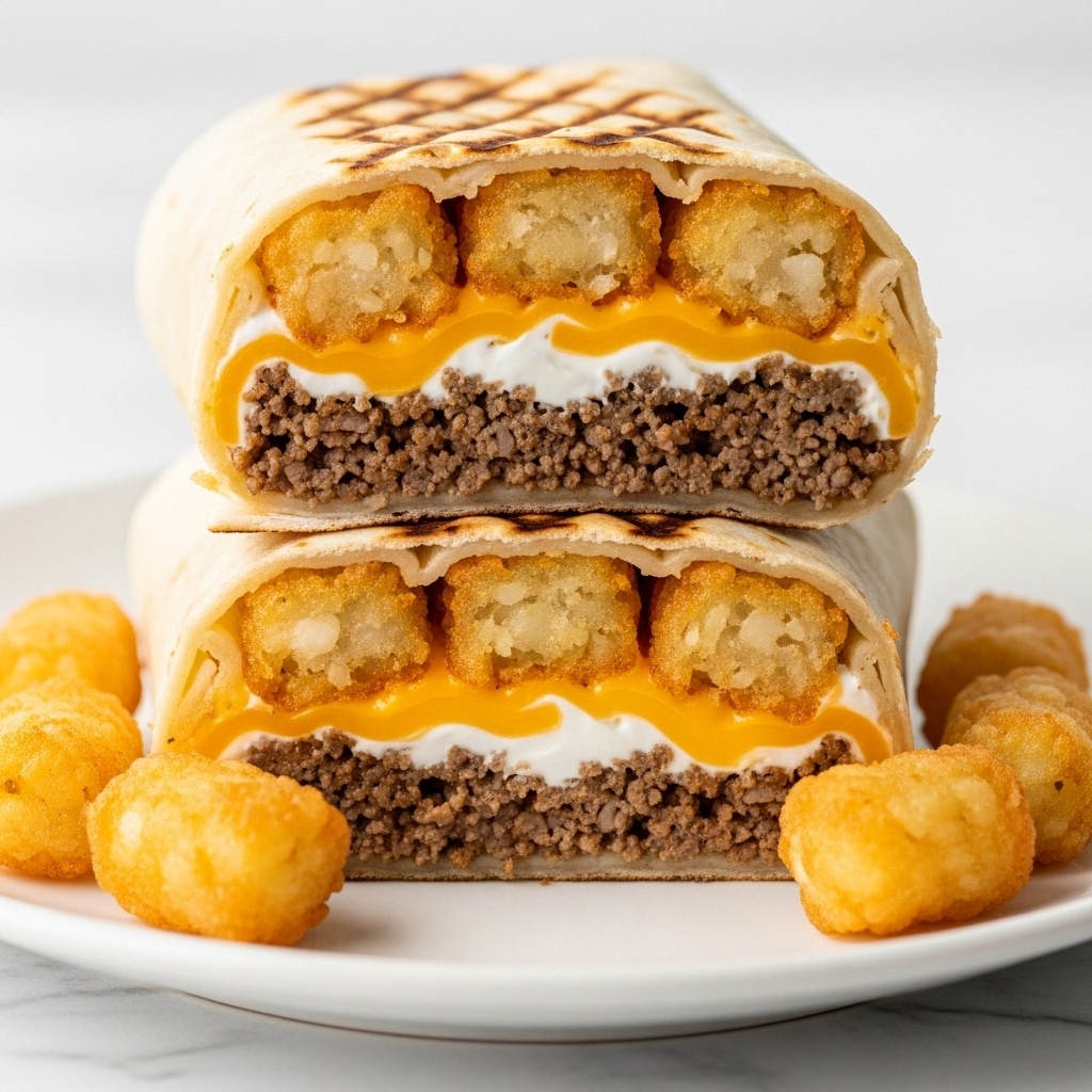 A close-up of two halves of a burrito stacked on a white plate, with a white marbled surface underneath. The burrito wrap is lightly toasted with brown grill marks. Inside, there are three layers visible from front to back: a golden, crispy layer of tater tots on top, a melted mixture of white sour cream and bright yellow cheddar cheese in the middle, and crumbled cooked ground beef at the bottom. Some tater tots are spilling out from the burrito onto the plate, with the melted cheese and sour cream oozing slightly from the edges. Photo taken with an iphone --ar 4:5 --v 7