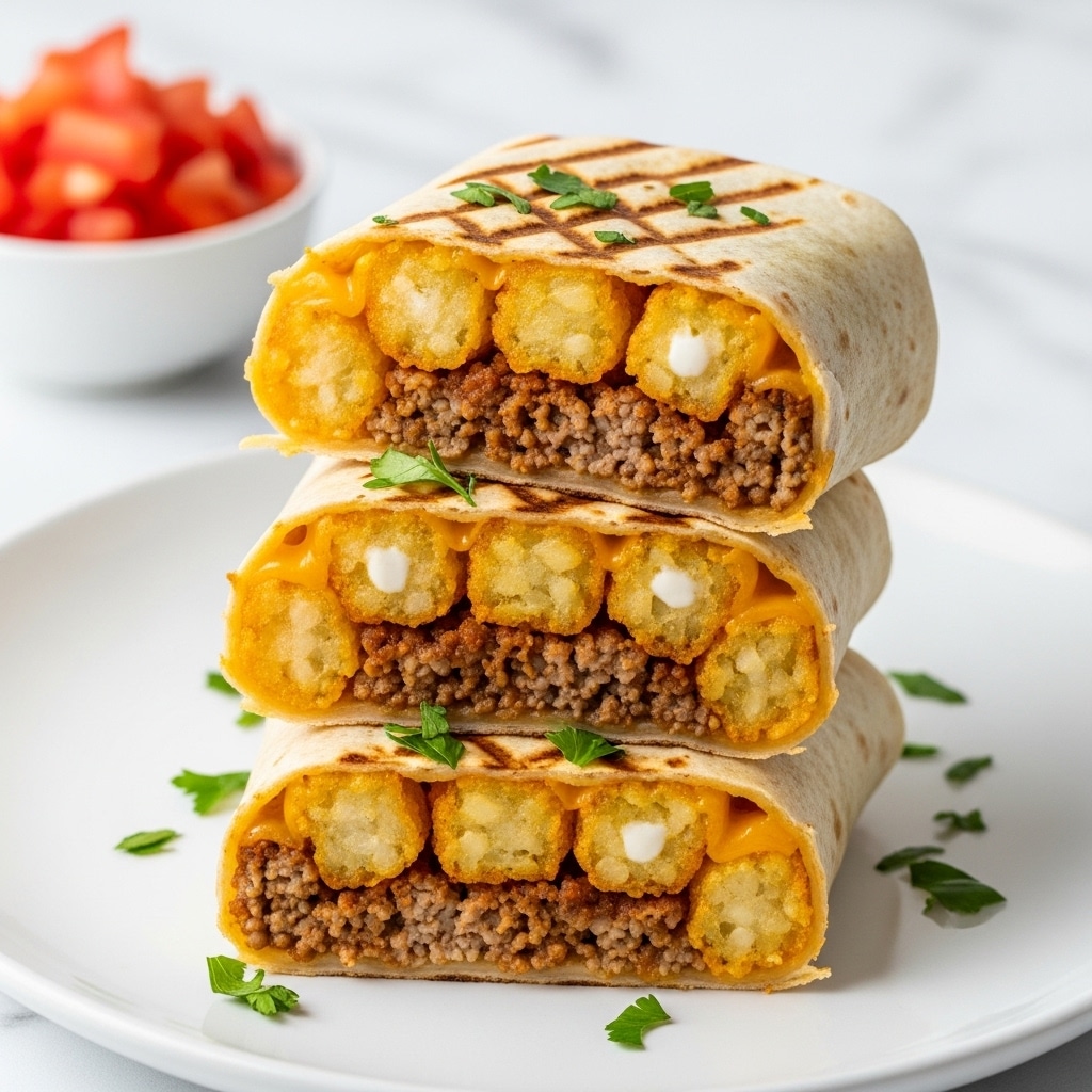 The image shows a stack of three burritos cut in half, placed on a white plate. Each burrito is filled with crispy golden tater tots, melted yellow cheese, seasoned brown ground meat, and small white sauce spots, all tightly wrapped in a toasted, light brown tortilla with grill marks. Fresh green chopped herbs are sprinkled over the burritos, adding a touch of color. In the background on the white marbled surface, there is a small white bowl filled with diced red tomatoes. The photo taken with an iphone --ar 4:5 --v 7