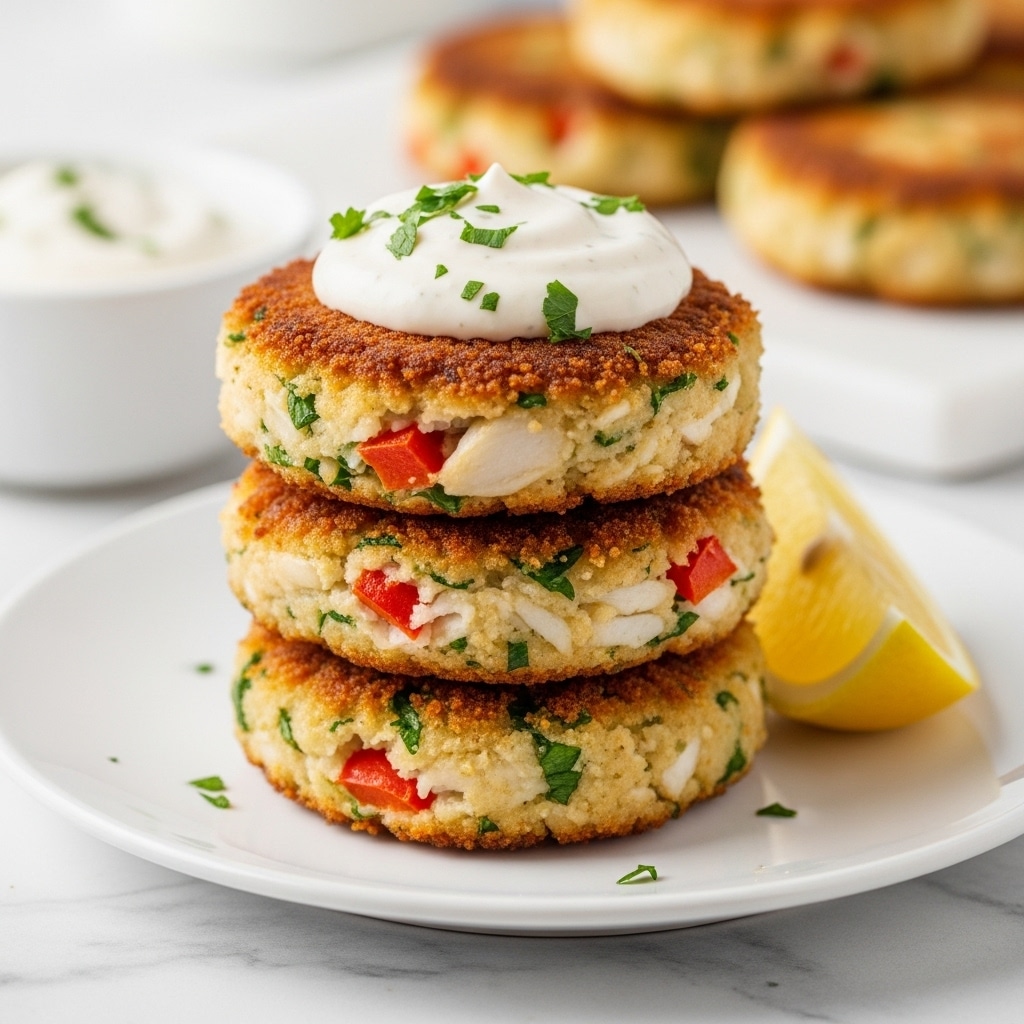 A stack of three round crab cakes with a golden brown crispy outside and visible bits of green herbs and red bell pepper pieces inside, topped with a dollop of smooth white sauce and a sprinkle of fresh green parsley. The crab cakes sit on a white plate next to a wedge of lemon on a white marbled surface, with more crab cakes and white sauce blurred softly in the background. photo taken with an iphone --ar 4:5 --v 7