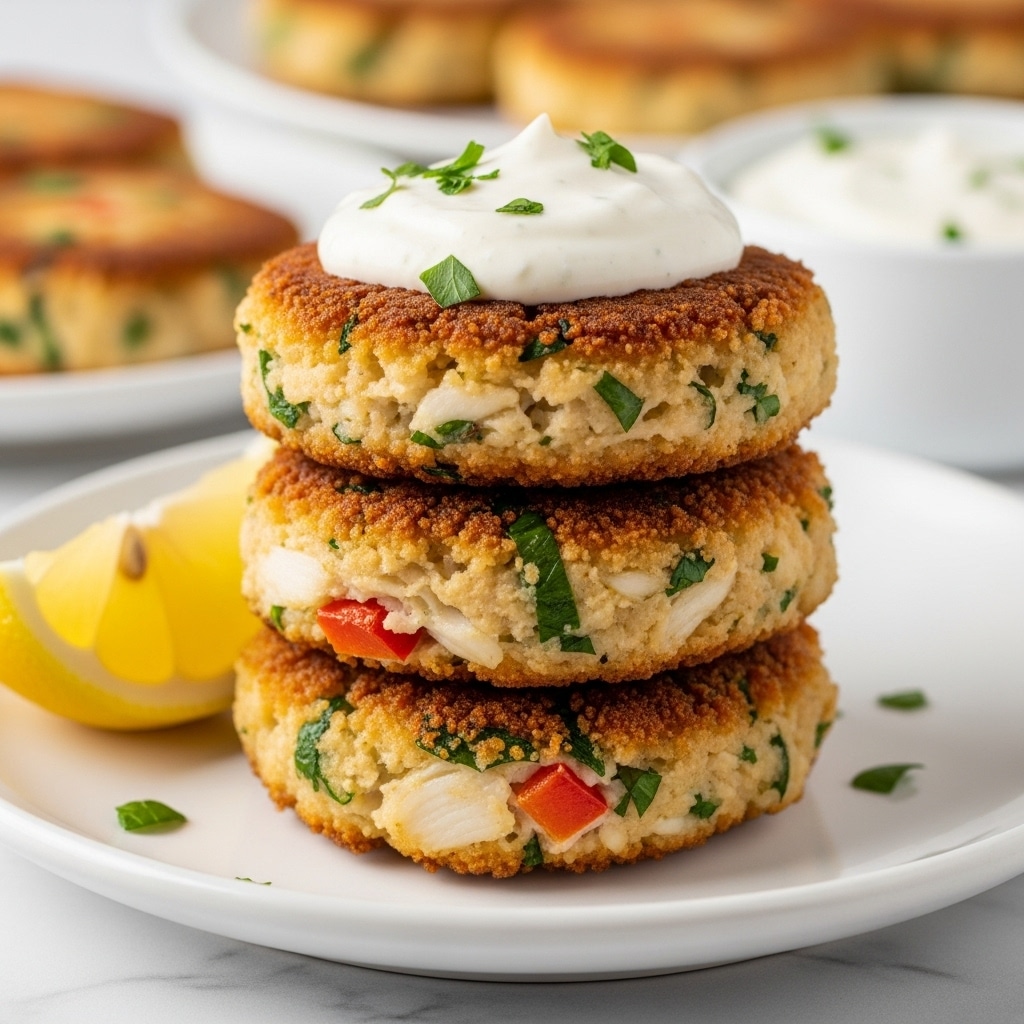 The image shows a stack of four golden-brown salmon croquettes placed one on top of the other on a wooden surface with a blurred white marbled background. Each croquette has a crispy, textured outside with visible bits of red and green herbs inside. The top croquette is topped with a dollop of white creamy sauce. The scene is close-up, showing the uneven, crumbly edges of the croquettes and their moist inside. photo taken with an iphone --ar 4:5 --v 7