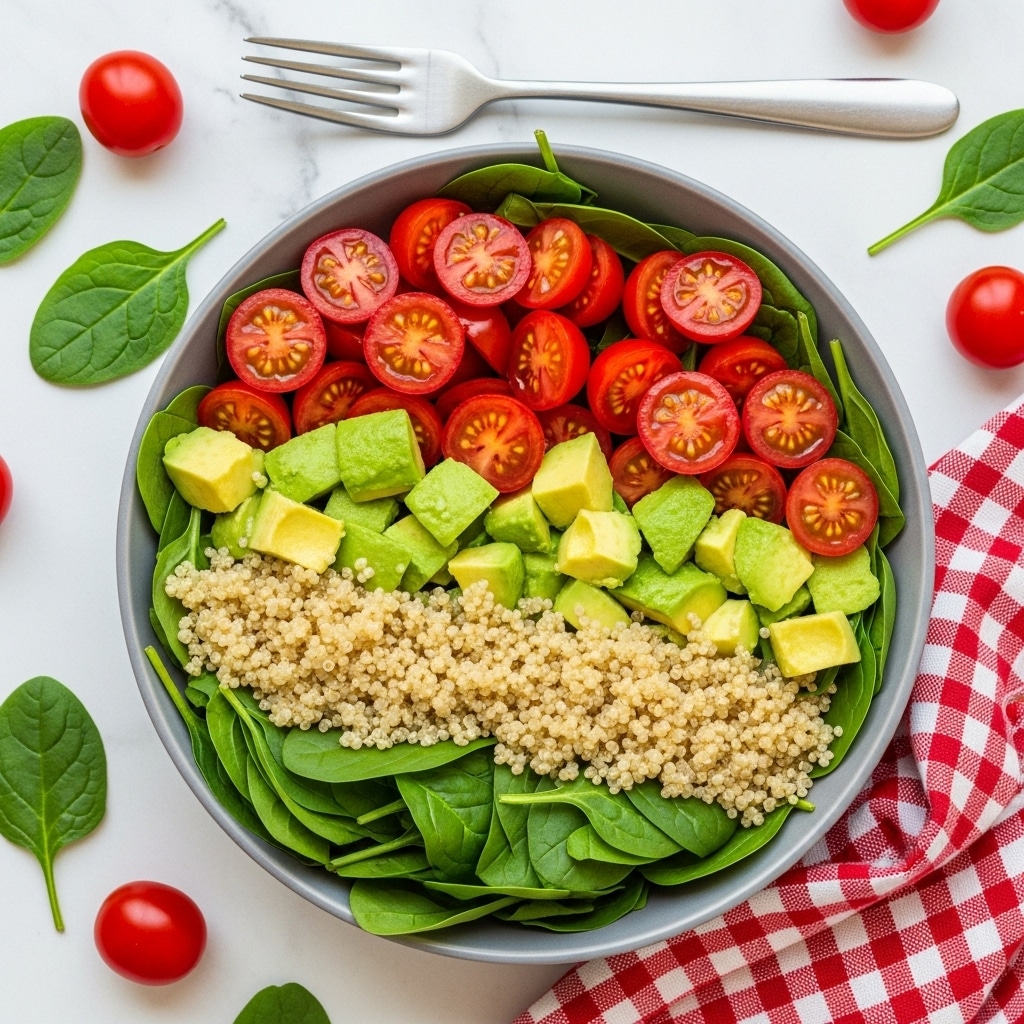 A bowl with a gray color holds a fresh salad with four main layers: the bottom layer is a bed of light green spinach leaves, on top of that are scattered fluffy quinoa grains in light beige, followed by bright green chunks of avocado, and the top layer has halved red cherry tomatoes adding vibrant color. The bowl is placed on a white marbled surface with a silver fork above it, and small whole cherry tomatoes and some green leaves are scattered around. A red and white checkered cloth is partially visible at the bottom right corner. Photo taken with an iphone --ar 4:5 --v 7