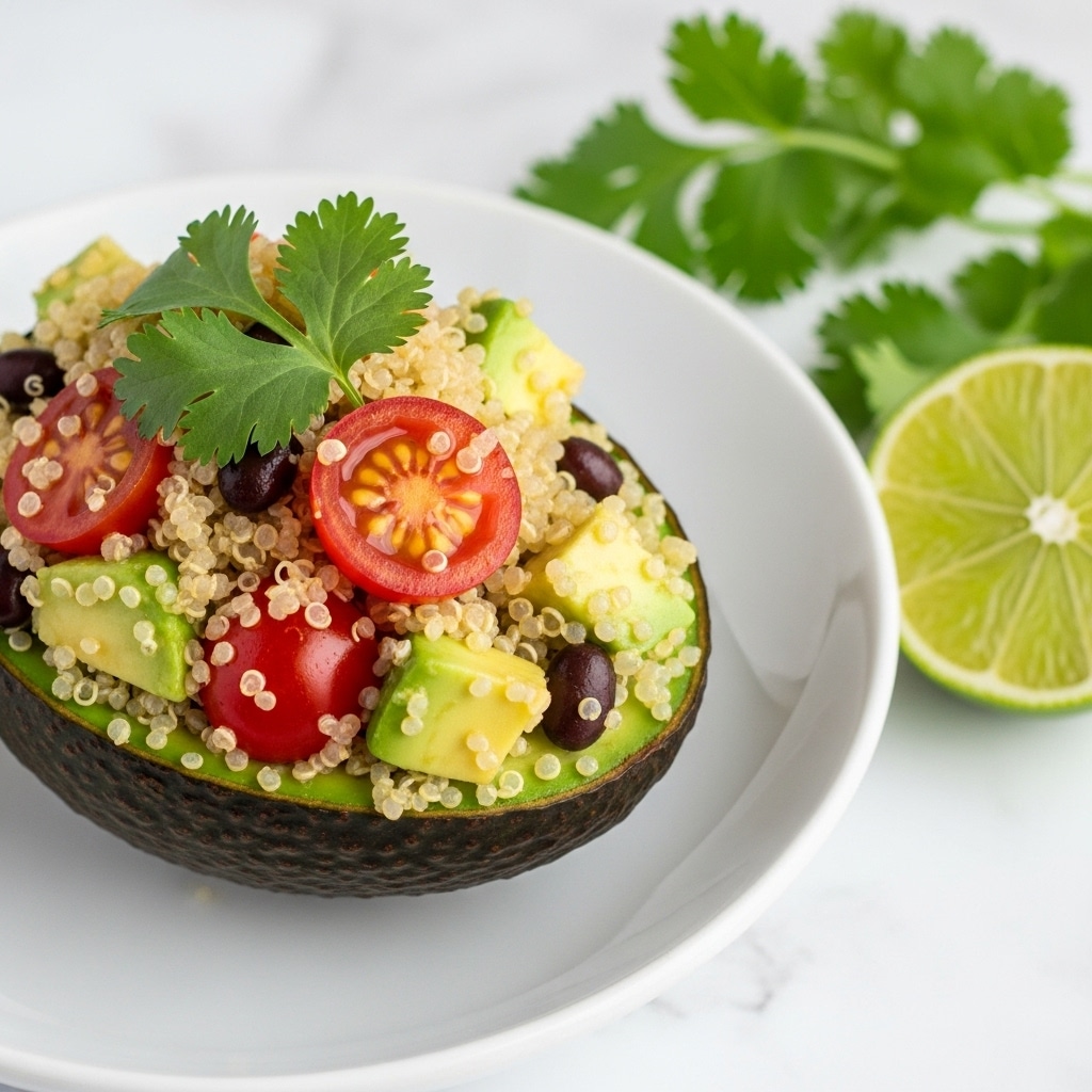 A close-up of a white plate holding a halved avocado filled with a colorful quinoa salad. The quinoa layer is light and fluffy, mixed with bright red cherry tomato pieces, creamy green avocado chunks, and small black beans scattered throughout. On top, a fresh green cilantro leaf garnish adds a touch of vibrancy. Next to the plate, there is a lime wedge and part of a cilantro sprig, all set on a white marbled background. Photo taken with an iphone --ar 4:5 --v 7