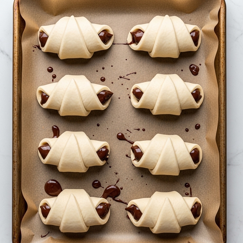 A baking sheet lined with brown parchment paper holds eight uncooked crescent rolls filled with melted chocolate, arranged in two vertical columns; each roll is light beige with a soft dough texture, wrapped in overlapping triangular layers that reveal dark glossy chocolate peeking out at the ends and in some small spots on the sides. Small drops and smears of chocolate are on the parchment, showing oozing from some rolls. The baking sheet edges frame the arrangement, all set against a white marbled textured background. Photo taken with an iphone --ar 4:5 --v 7